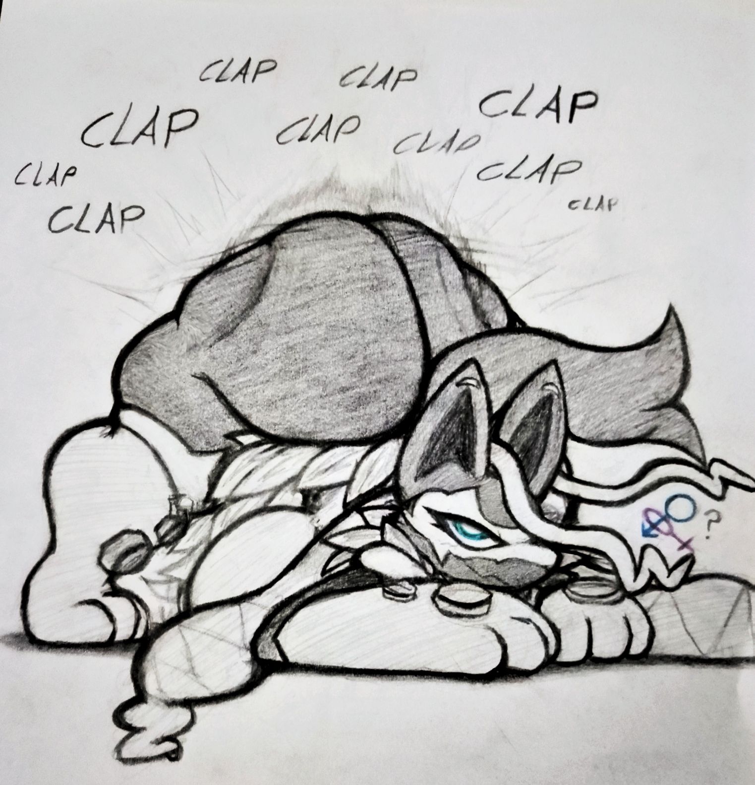 ?, 1girls, animal ears, blue eyes, boobs, breasts, clapping ass, clapping cheeks, fat ass, female, female lucario, furry, gender symbol, greyscale, inminent sex, lucario, mega lucario z, onomatopoeia, pencil (artwork), pokemon, rand0m 293, snout, tail, traditional media (artwork), twerking