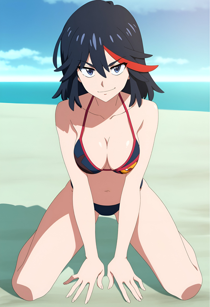 1girls, ai generated, bikini, black hair, clothed, clothed female, duderu vanilla, female, female only, kill la kill, kneeling, matoi ryuuko, solo, swimsuit