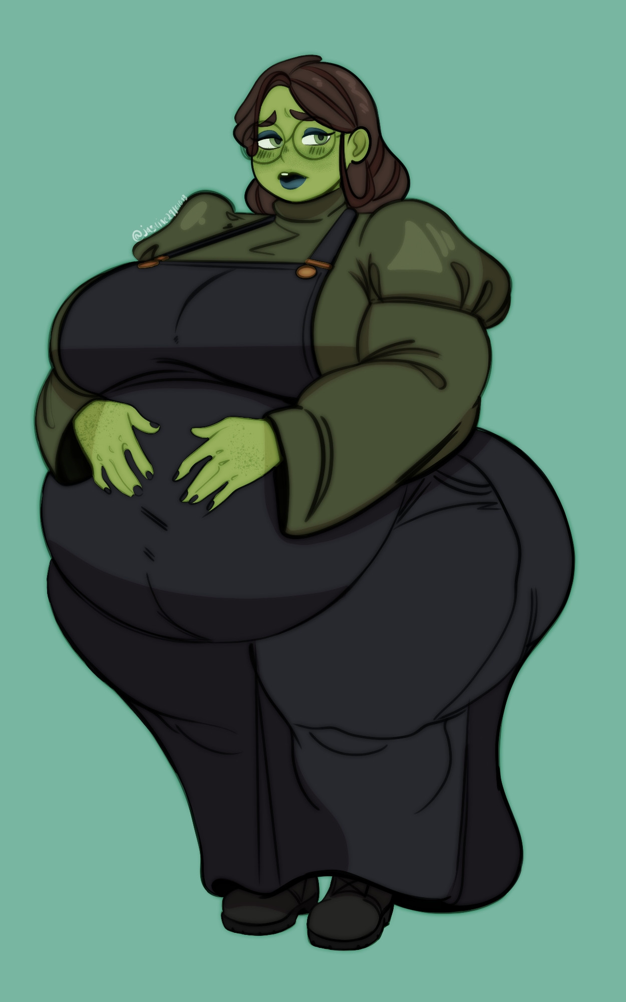 1girls, bbw, big breasts, braided hair, breasts, brown hair, chubby, curvy, elphaba, elphaba thropp, fat, fatty, female, glasses, green skin, heavy breasts, jasmine29161093, jazzanna, makeup, nervous, nervous smile, overall dress, overalls, plus size, see-through clothing, ssbbw, thick ass, thick thighs, voluptuous, wicked, wicked witch of the west