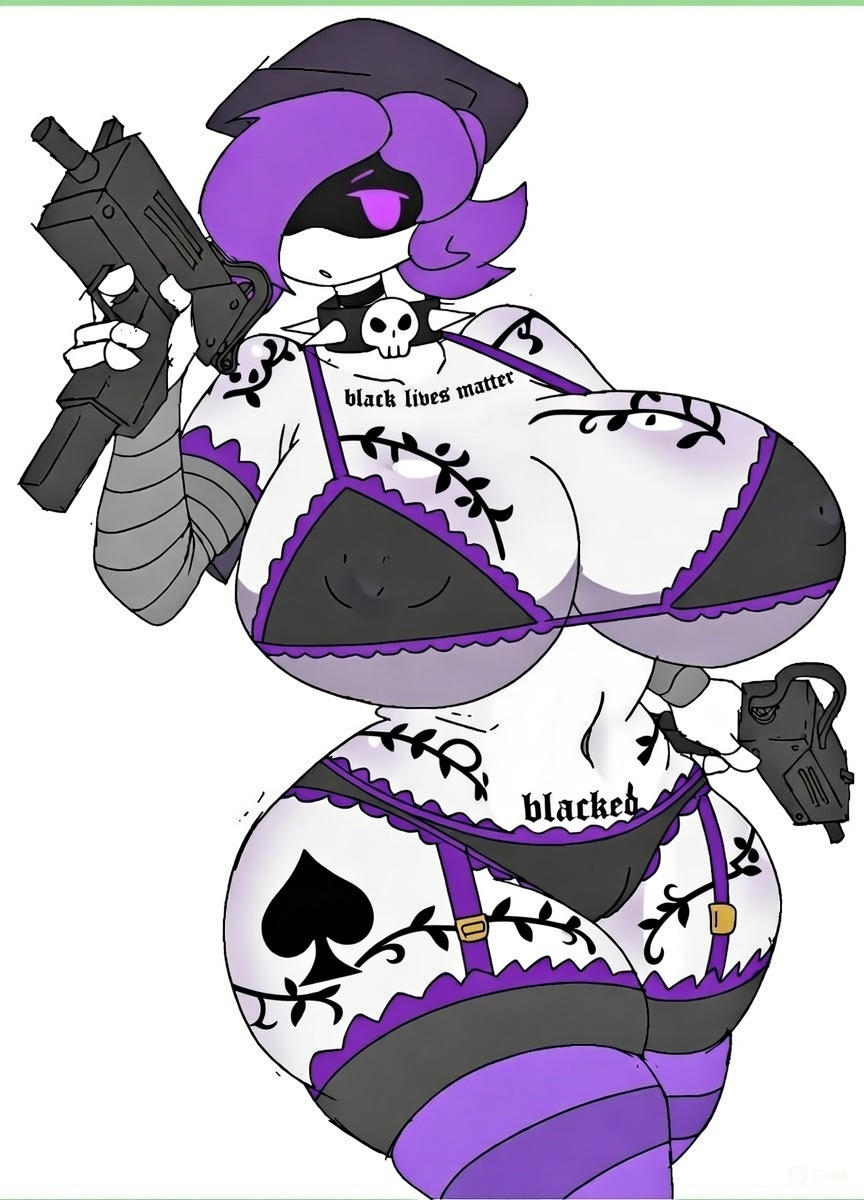 big ass, big breasts, big butt, bigger than her head, black owned, blacked, breasts, breasts bigger than head, edit, female, female only, gigantic ass, gigantic breasts, gigantic butt, gigantic nipples, h.a.r, hyper breasts, lingerie, murder drones, purple eyes, purple hair, queen of spades, tattoos, uzi (murder drones), vine tattoo