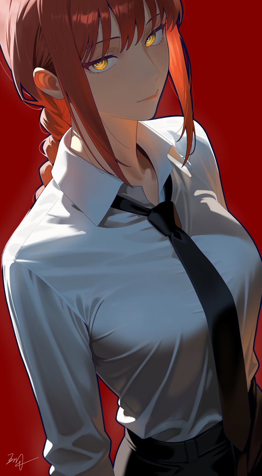 1girls, artist signature, black necktie, black pants, braid, braided ponytail, chainsaw man, female only, light-skinned female, long hair, looking at viewer, makima (chainsaw man), necktie, pants, red background, red hair, ringed eyes, shirt, sidelocks, signature, simple background, solo, solo female, white shirt, wuhe2233pz, yellow eyes