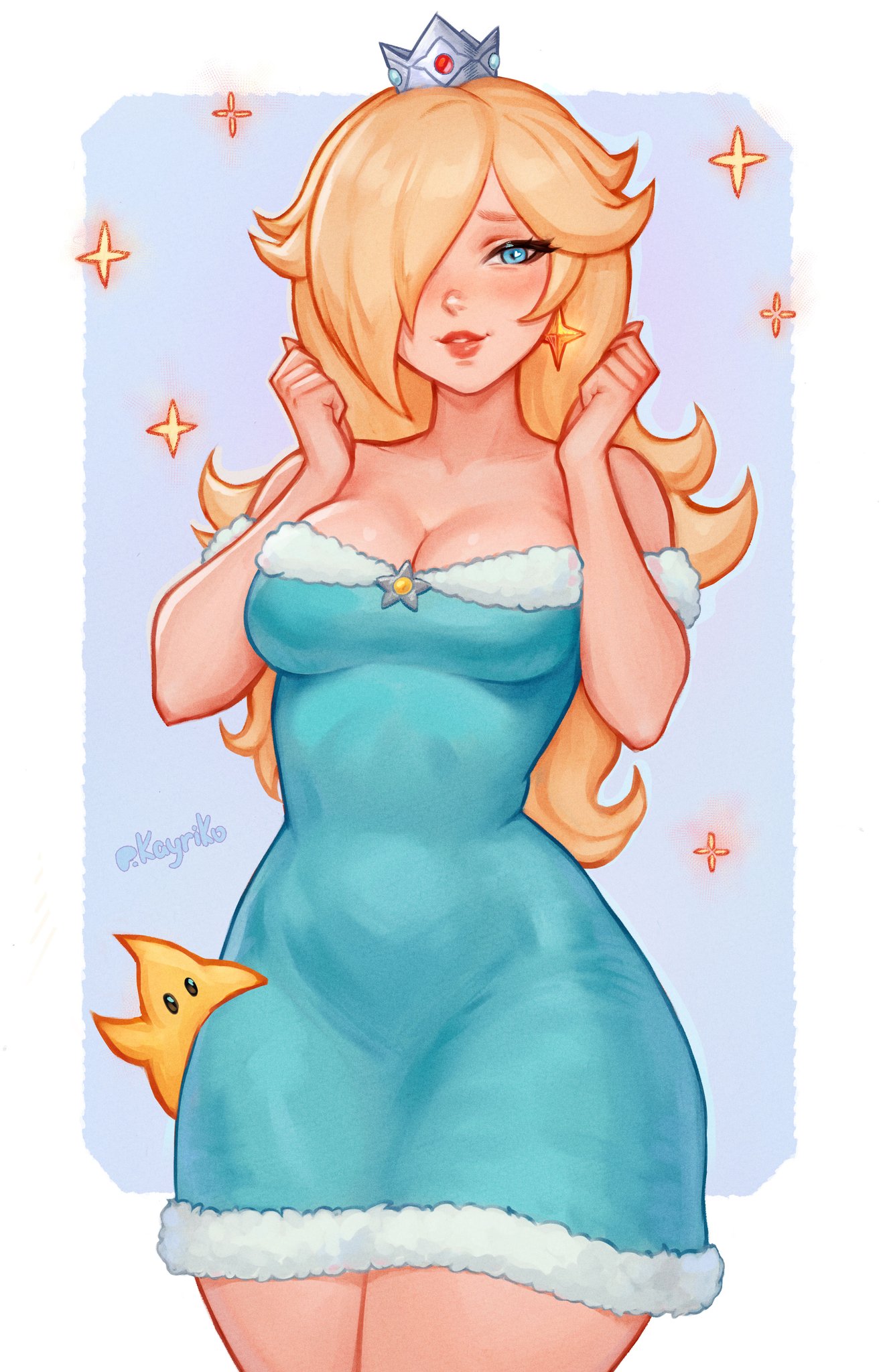 1girls, 1other, artist name, bare shoulders, blonde hair, blue eyes, border, breasts, cleavage, crown, earrings, female, female focus, hair over one eye, kayav, kayriko, light skin, light-skinned female, long hair, looking at viewer, luma, mario (series), nintendo, princess rosalina, rosalina, sfw, solo focus, white border