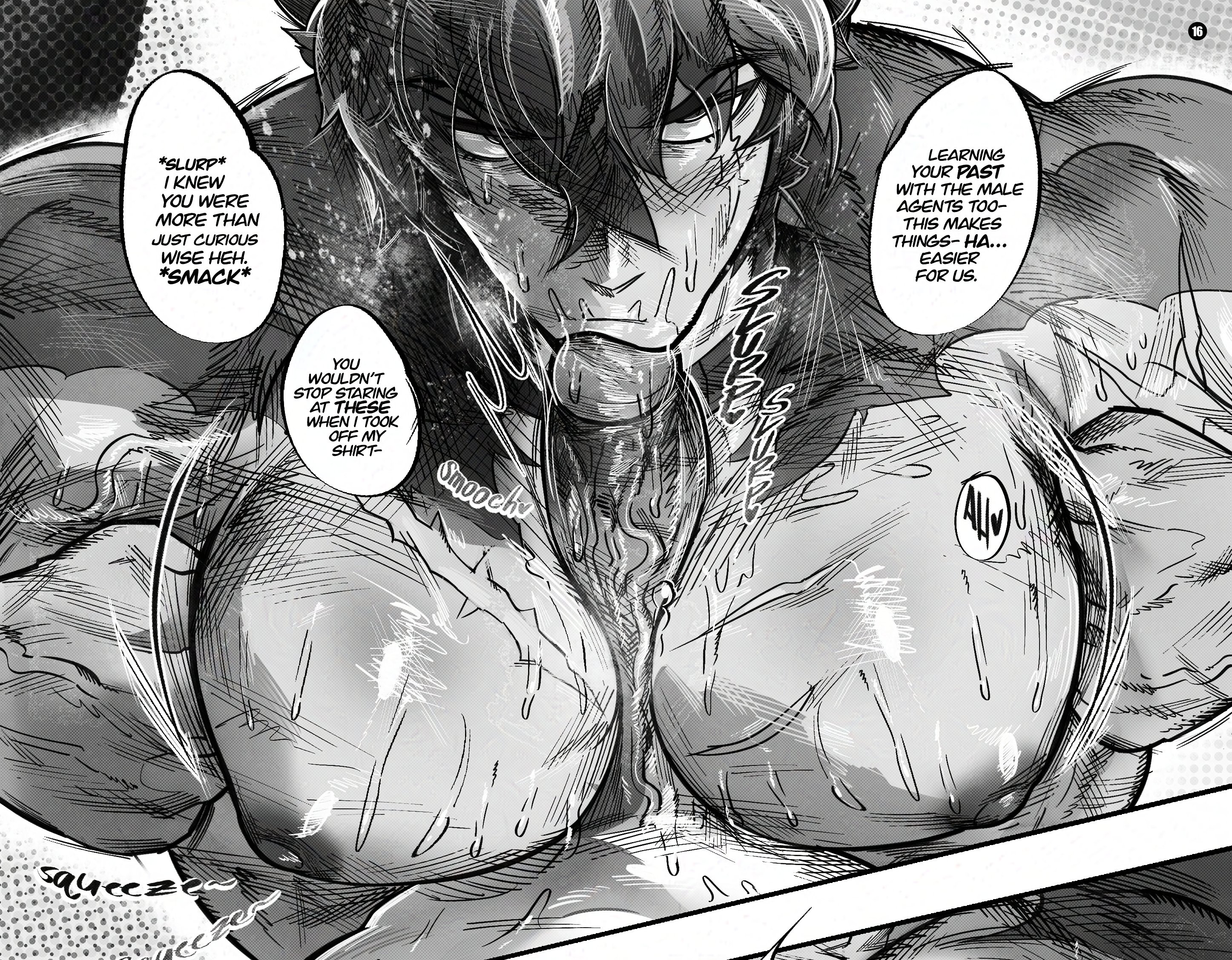 :>=, bara, barayot, between breasts, between pectorals, big ass, boner, breasts, bulge, cum, erection, gay, huge cock, komano manato, looking at viewer, male, male only, male/male, monochrome, nude, penis, sweating, titjob, yaoi, zenless zone zero