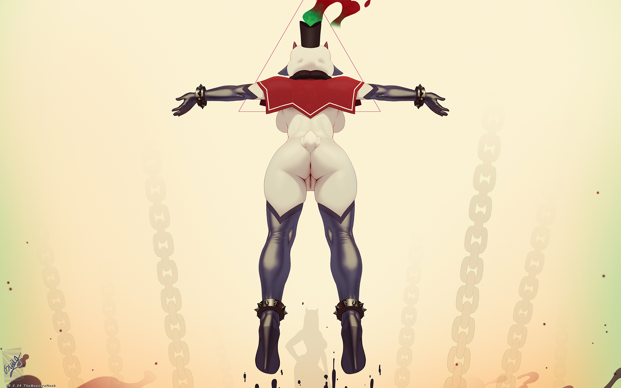 animal ears, anthro, anus, ass, backboob, black gloves, black legwear, black thighhighs, body fur, boots, bracelet, breasts, capelet, caprine, chains, clothing, colored skin, cult of the lamb, elbow gloves, facing away, female, footwear, from behind, functionally nude, fur, furry, furry female, gloves, hat, headwear, hooves, horns, jewelry, lamb, lamb (cult of the lamb), large breasts, legwear, naked footwear, nude, outstretched arms, pussy, red capelet, sheep, sheep ears, sheep girl, sheep horns, sheep humanoid, solo, spiked bracelet, spikes, tail, the lamb (cult of the lamb), themaestronoob, thighhighs, top hat, vagina, white fur, white skin
