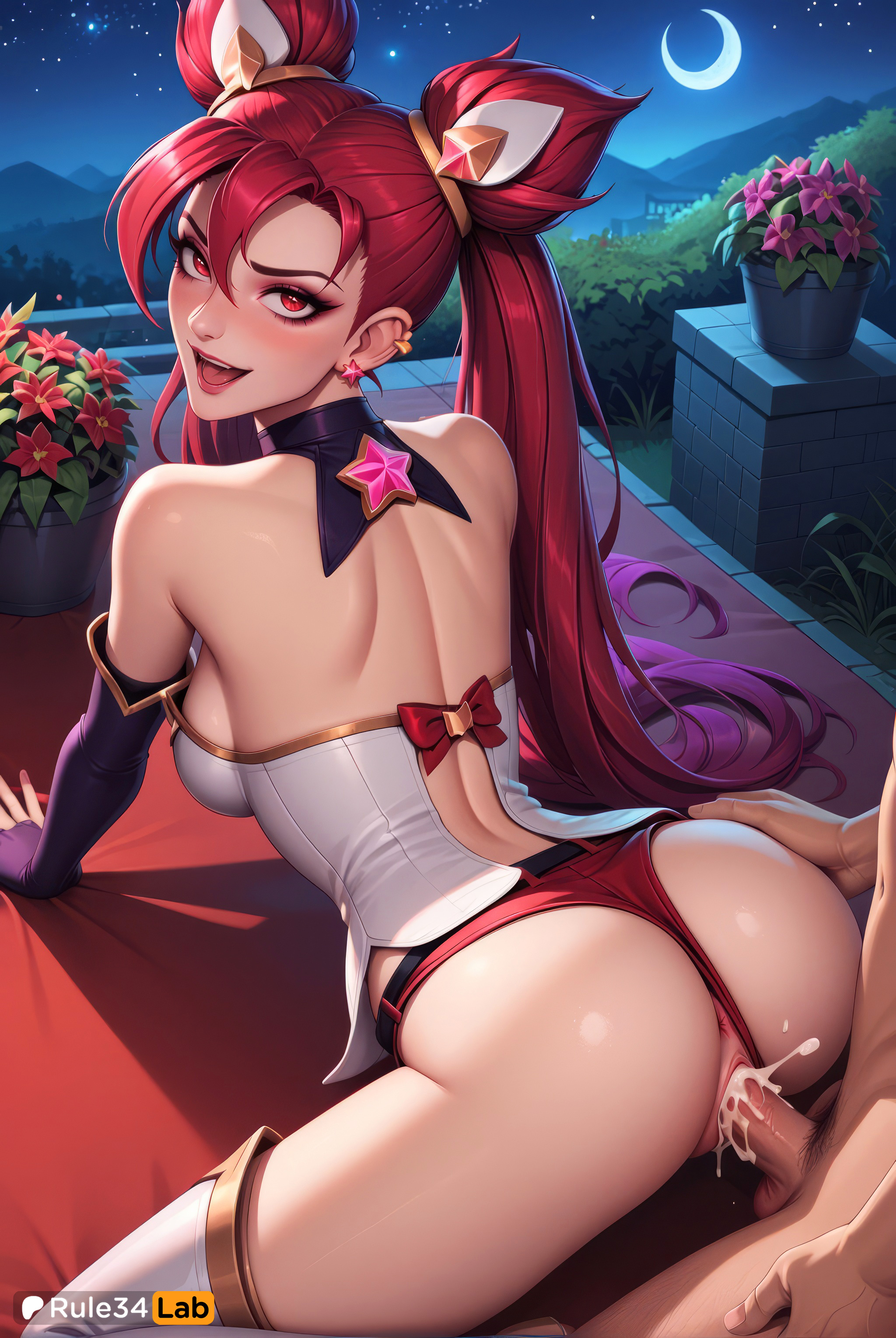 :d, 1boy, 1boy1girl, 1girls, ai generated, all fours, anus, artist name, ass, ass grab, bare shoulders, blush, breasts, clothing aside, crescent moon, cum, cum in pussy, doggy style, ear piercing, earrings, elbow gloves, female, fingerless gloves, from behind, gloves, hair ornament, hi res, jewelry, jinx (league of legends), league of legends, league of legends: wild rift, long hair, looking at viewer, looking back, magical girl, male, medium breasts, moon, nail polish, night, night sky, open mouth, outdoors, panties, panties aside, patreon username, penis, piercing, plant, pussy, red eyes, red hair, red nails, red panties, riot games, rule34lab, sex, sex from behind, sky, smile, solo focus, star (sky), star (symbol), star guardian (league of legends), star guardian jinx, star guardian series, starry sky, straight, thighhighs, thong aside, twintails, uncensored, underwear, vaginal penetration, vaginal sex, veiny penis, very long hair, white thighhighs
