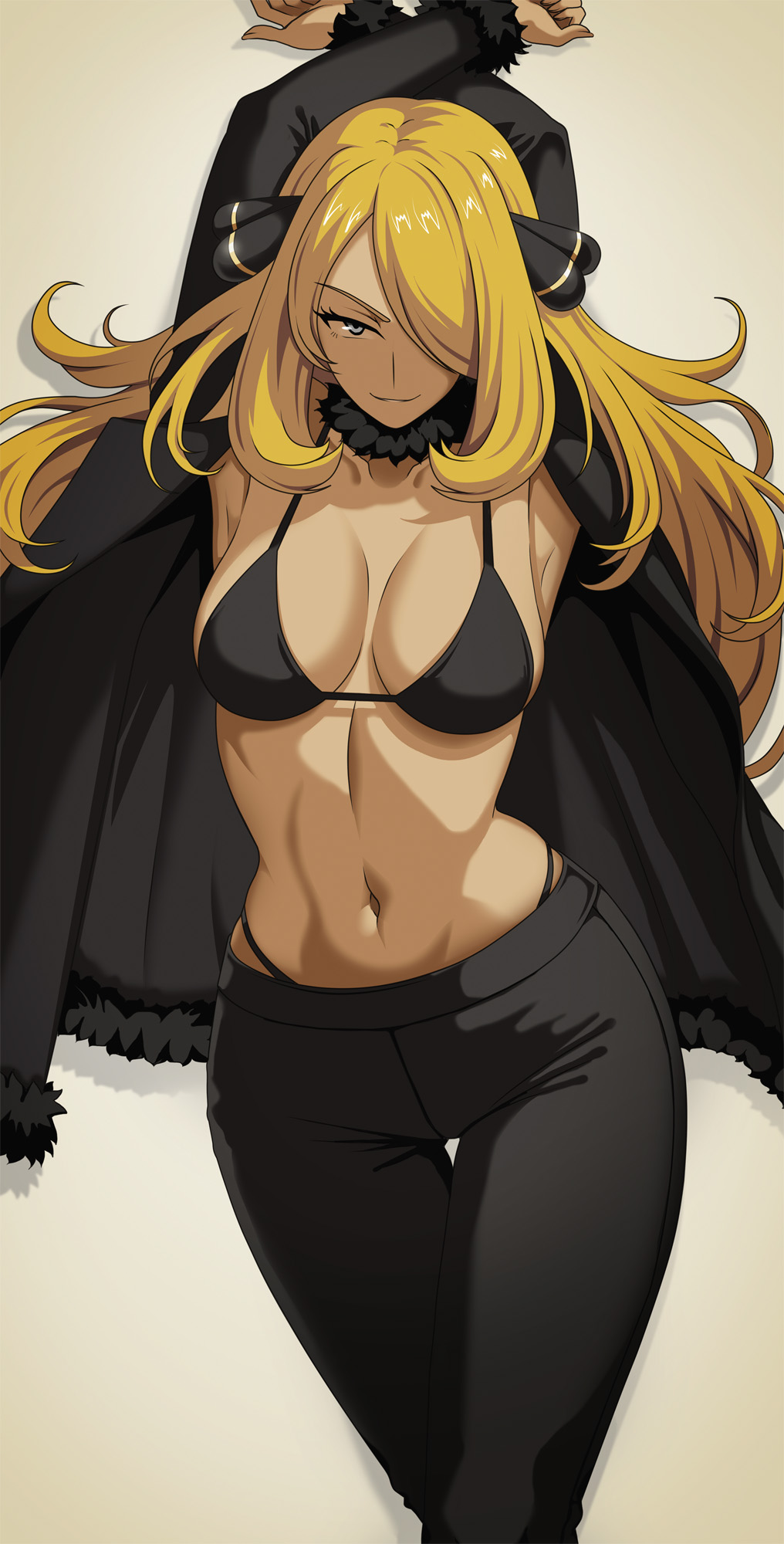 1girls, arms behind head, bedroom eyes, big breasts, black bra, black eyes, black pants, blonde hair, bottomwear, bra, breasts, cleavage, coat, cynthia (pokemon), female, female only, fit, fur coat, game freak, hair, hair ornament, hair over one eye, hips, long hair, mature, mature female, mature woman, milf, navel, open coat, pants, pokemon, pokemon dppt, solo, solo female, topwear, vivivoovoo