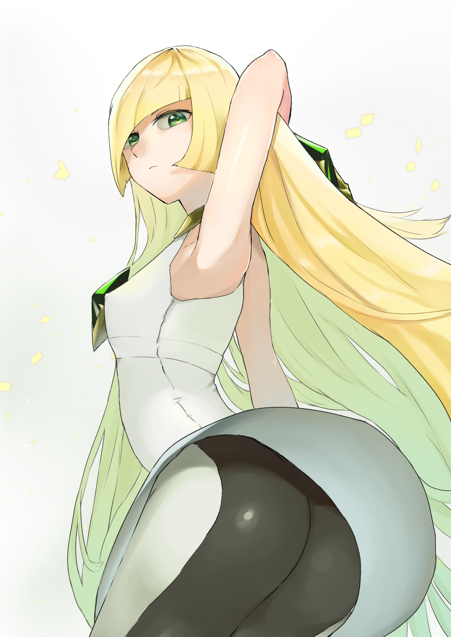 1girls, armpits, ass, bare arms, bare shoulders, black leggings, blonde hair, breasts, chest jewel, dress, female, female only, gem, green eyes, hair over one eye, highres, jyu gorilla, leggings, long bangs, long hair, lusamine (pokemon), mature female, medium breasts, nintendo, pokemon, pokemon sm, short dress, skirt, sleeveless, sleeveless dress, solo, two-tone legwear, very long hair, white dress, white leggings, white skirt