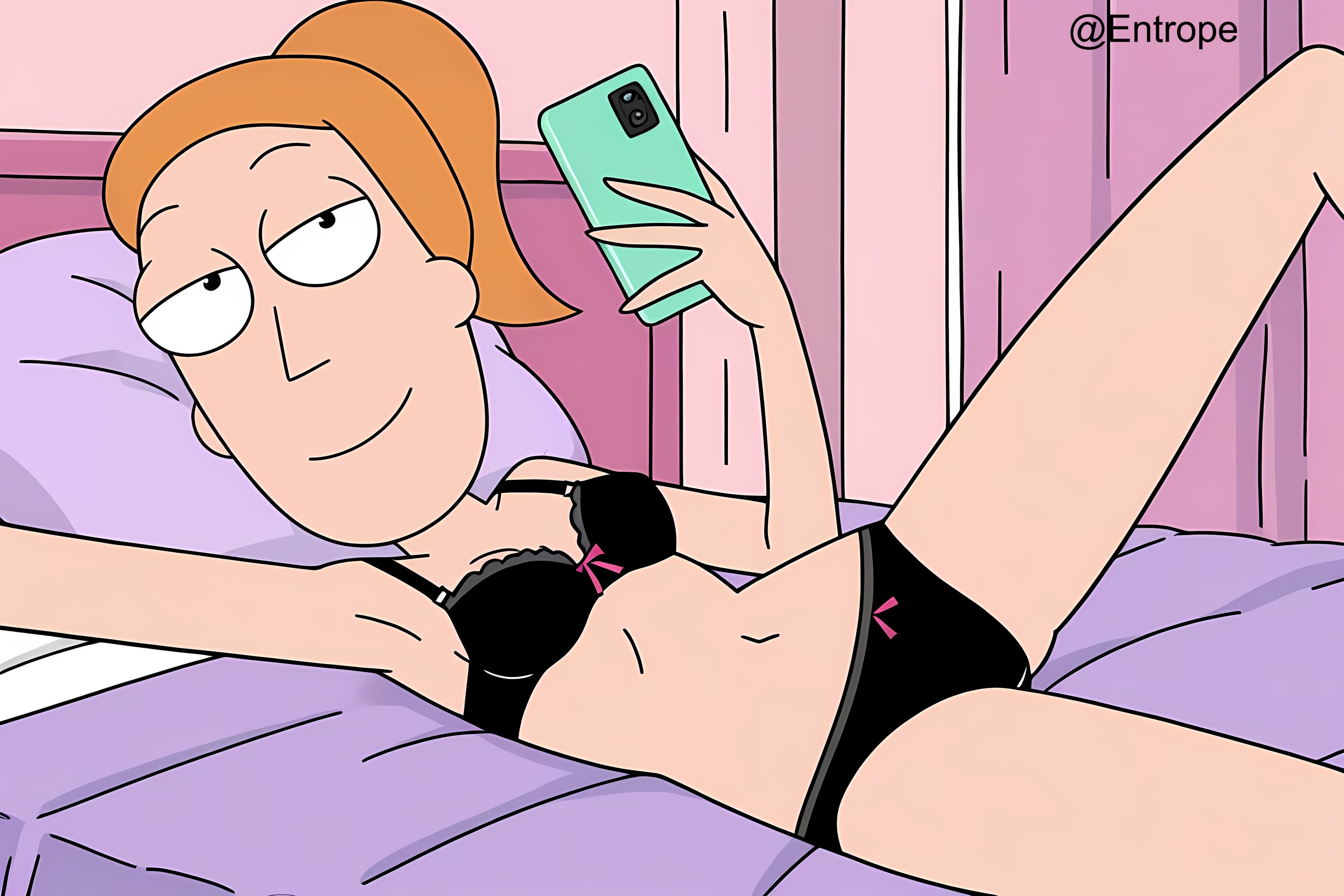 accurate art style, ai generated, black bra, black panties, breasts, female, hot, lingerie, rick and morty, seductive, seductive look, seductive pose, selfie, selfie pose, small breasts, summer smith