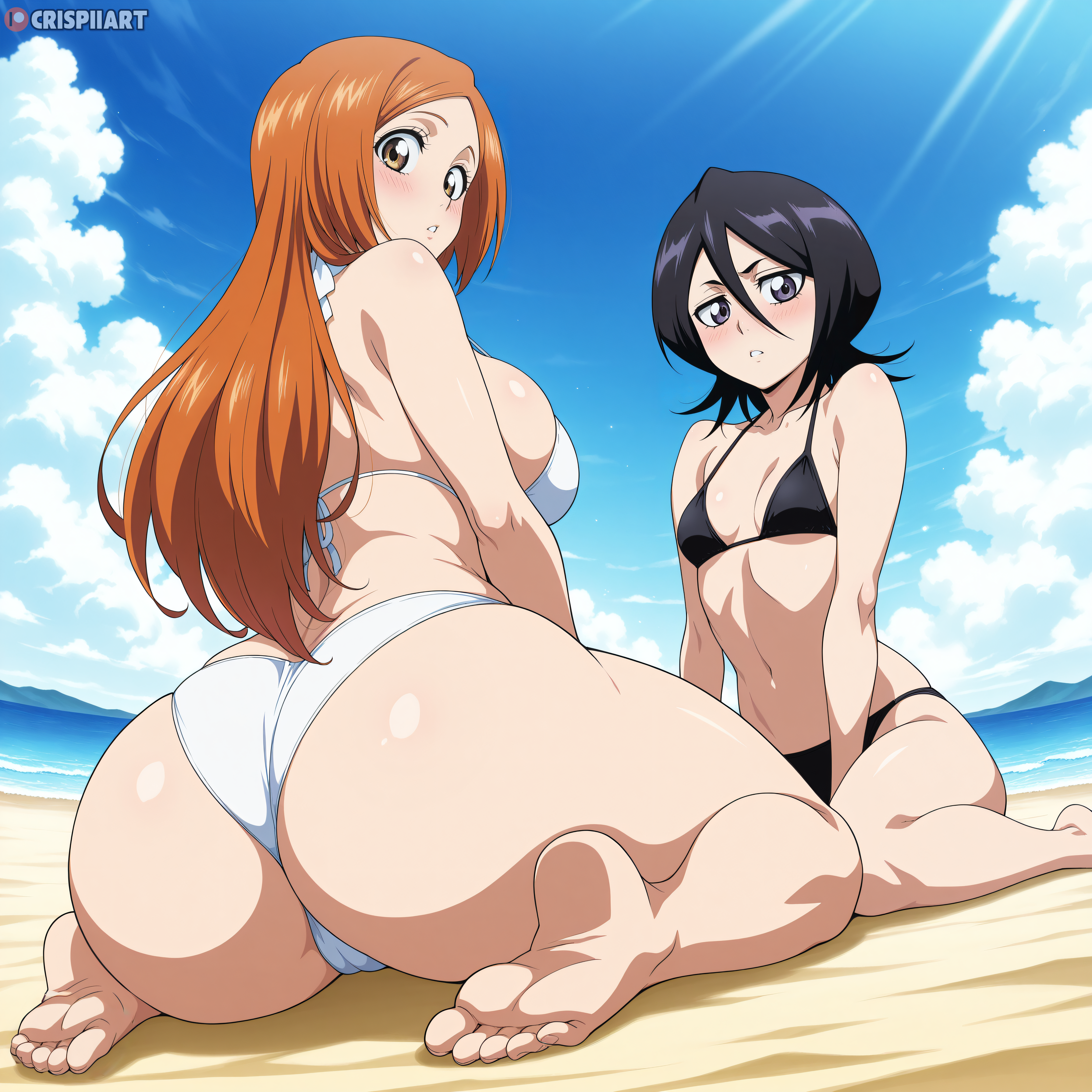2d, 2d (artwork), 2girls, absurd res, ai assisted, ai generated, ass, ass focus, beach, big breasts, bikini, bikini bottom, bikini top, black hair, black-haired female, bleach, bleach: the thousand-year blood war, breasts, clothing, crispiiart, duo, female, female focus, female only, female/female, highres, huge ass, inoue orihime, kuchiki rukia, light skin, light-skinned female, looking at viewer, looking back, multiple females, multiple girls, ocean, orange hair, orange-haired female, patreon, patreon link, patreon logo, patreon url, patreon username, sitting, upscaled, watermark