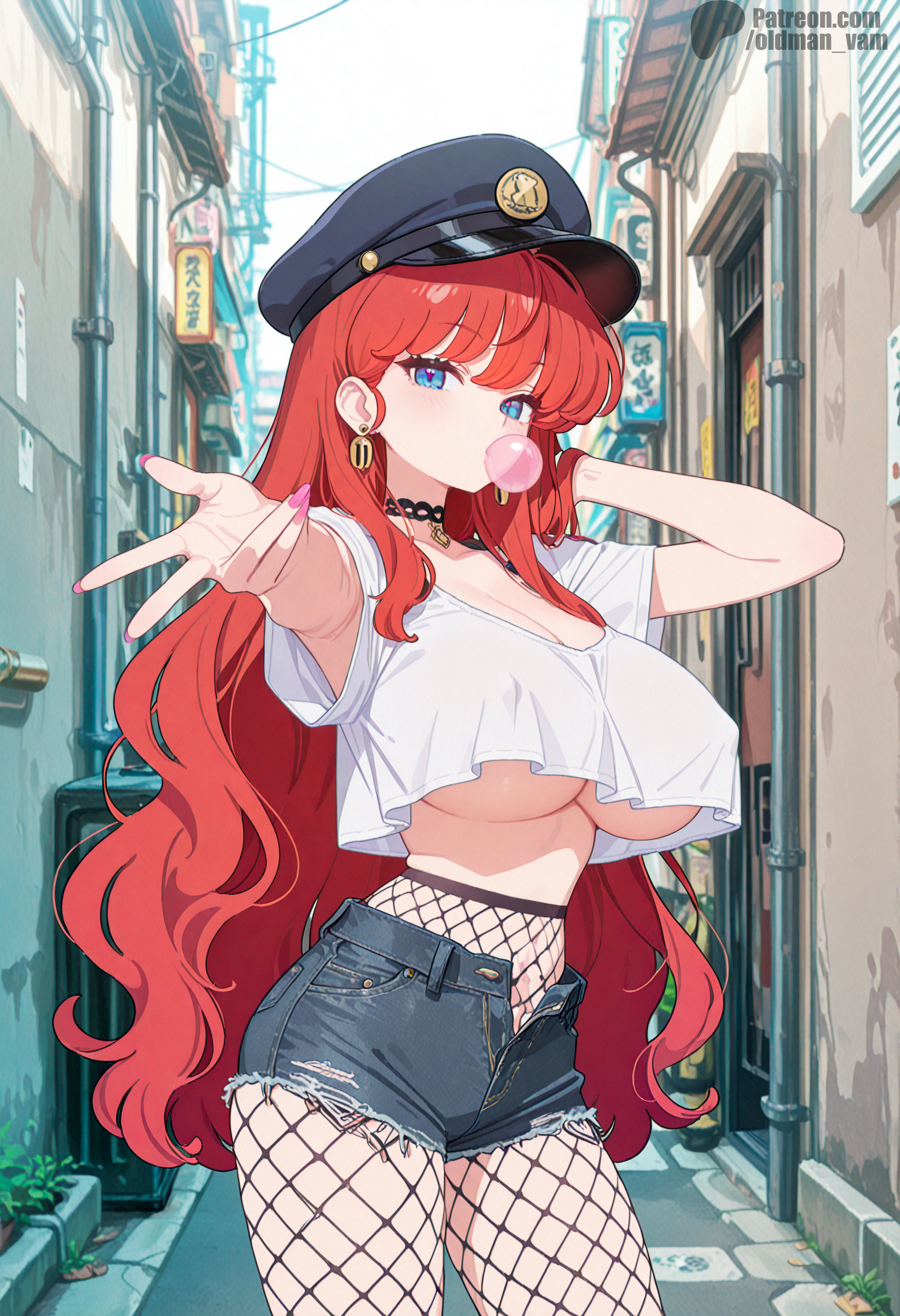 ai generated, breasts, bubble gum, earrings, erect nipples, female, hat, huge breasts, long hair, neck ribbon, net stockings, nipples covered, nipples visible through clothing, oldman (artist), ranma 1/2, ranma saotome, ranma-chan, voluptuous female