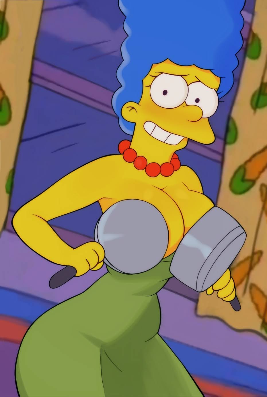 1girls, afro, bare shoulders, bead necklace, beads, big hair, black eyes, blue hair, blue skin, breasts, cleavage, clothing, colored skin, covering breasts, dress, female, frying pan, green dress, grin, holding, jewelry, large breasts, looking at viewer, marge simpson, necklace, newguy1091, orange skin, pan, pearl necklace, raised eyebrows, smile, solo, standing, strapless, strapless dress, teeth, the simpsons, wardrobe malfunction, yellow skin
