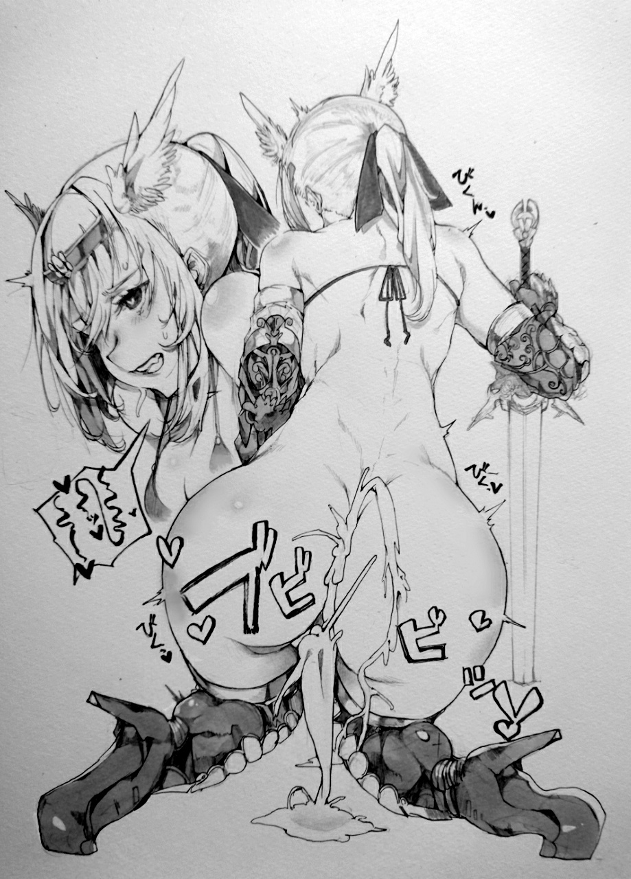 ass back bikini_top boots clenched_teeth cum cumdrip feathers female gauntlets hair_feathers hair_ribbon heart heart-shaped_pupils highres monochrome original ponytail ribbon sabusupi solo sword symbol-shaped_pupils teeth traditional_media weapon