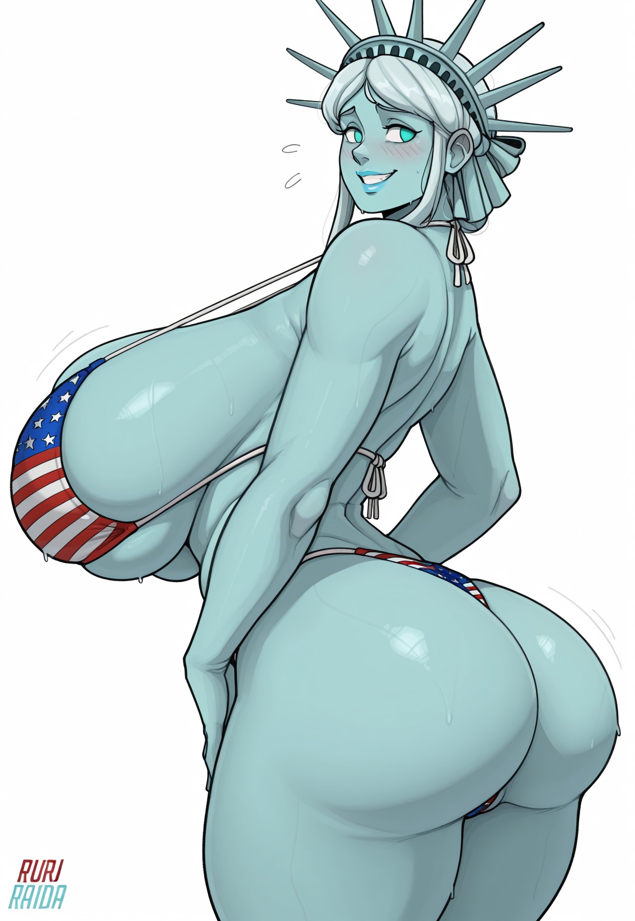 1girls, 2025, ai generated, alternate version available, american flag bikini, aqua eyes, aqua lips, aqua lipstick, big ass, big breasts, bikini, bikini bottom, bikini top, blush, breasts, civitai, dat ass, female, huge breasts, lipstick, looking at viewer, mature, mature female, milf, romeomoon, side view, sideboob, sidelocks, solo, standing, statue of liberty, thick thighs, thighs, white background