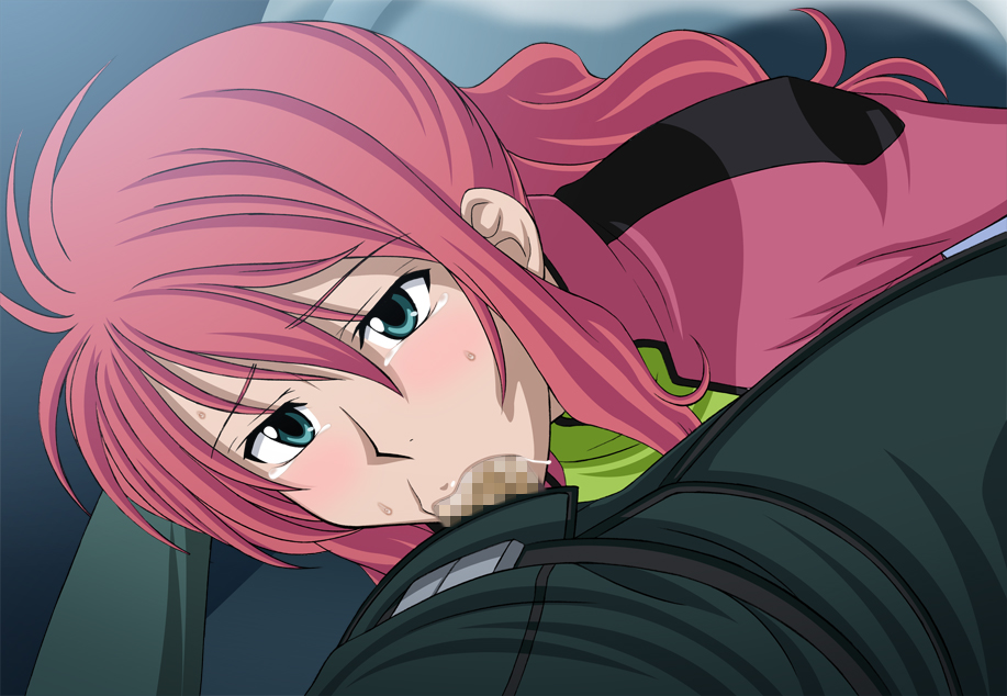 belt blue_eyes blush censored feldt_grace fellatio female gundam gundam_00 jacket long_hair oral penis pink_hair saliva sweat tear vogue