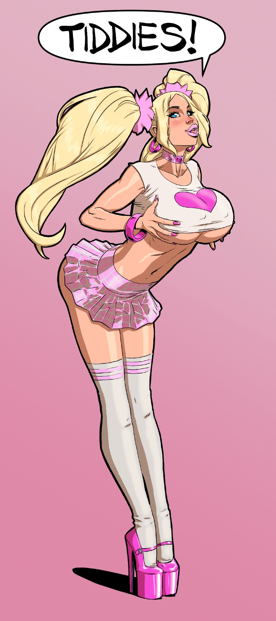 bangle, big breasts, big lips, bimbo, blonde hair, blue eyes, borrowed character, breasts, breasts squeezed together, chloe doll, chloe swanson, choker, covered nipples, crop top, english text, female, fenris comix, gift art, hair scrunchie, heart choker, high heels, large breasts, lipstick, long fingernails, long hair, long nails, makeup, midriff, miniskirt, nail polish, naughty face, no bra, original, painted fingernails, painted nails, pink choker, pink footwear, pink heels, pink lipstick, pink nails, pink skirt, plaid skirt, platform heels, skirt, text, thighhighs, tongue, twintails, underboob, underbutt, very long hair, white thighhighs, zettai ryouiki