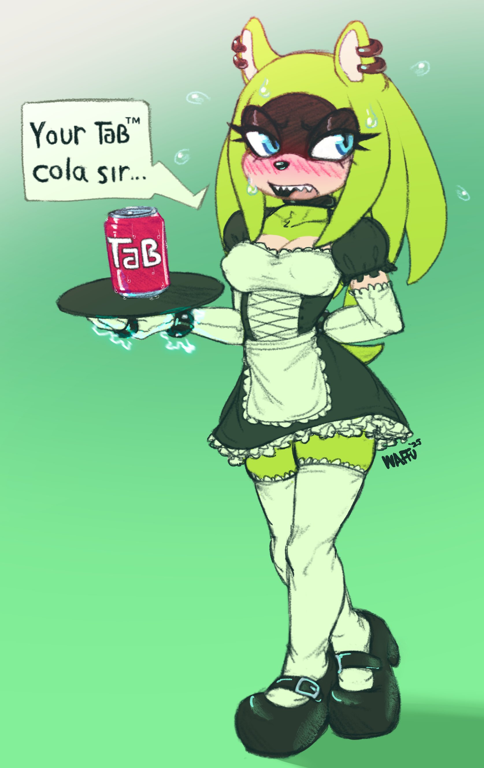 afrosoricid, alternate hairstyle, aqua eyes, arm behind back, averting eyes, choker, coca-cola, ear piercing, elbow gloves, embarrassed, female, flustered, flying sweatdrops, gradient background, green fur, hair down, holding plate, maid, maid headdress, maid uniform, multicolored body, neck tuft, nipple bulge, sharp teeth, sonic (series), sonic the hedgehog (comics), sonic the hedgehog (idw), surge the tenrec, sweatdrop, tab (soda), thighhighs, tomboy, tomboy feminized, waffl3k4t