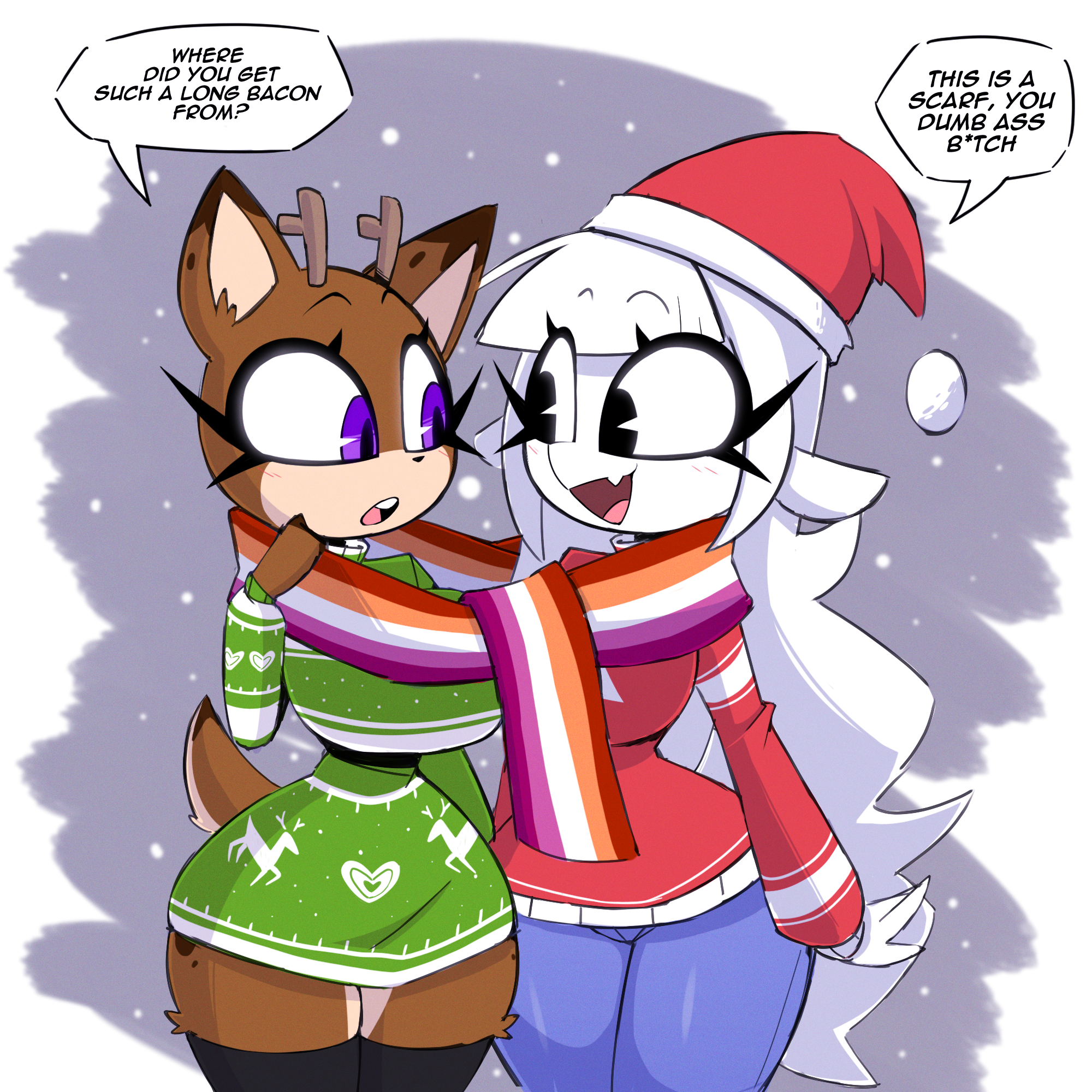 2girls, anthro, anthro only, canon couple, edit, edited, english text, female, female only, fur, furry, lesbian, lesbian flag, long bacon, molly (nelljoestar), nelljoestar, pride colors, purple eyes, simple background, tagme, winter (nelljoestar), yuri