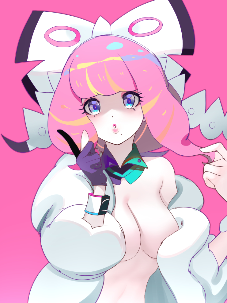 1girls, bare shoulders, blonde hair, blue eyes, bow, breasts, coat, detached collar, eyeshadow, female, female only, fur jacket, gloves, holding, holding own hair, index finger raised, jacket, klara (pokemon), long sleeves, looking at viewer, makeup, medium breasts, mole, mole under mouth, multicolored hair, naked jacket, nintendo, no bra, o3o, off shoulder, partially fingerless gloves, pd, pd (pdpdlv1), pink background, pink eyeshadow, pink hair, pink lips, pokemon, pokemon ss, purple eyes, purple gloves, ruffling hair, simple background, single glove, streaked hair, upper body, white bow, white coat, white jacket
