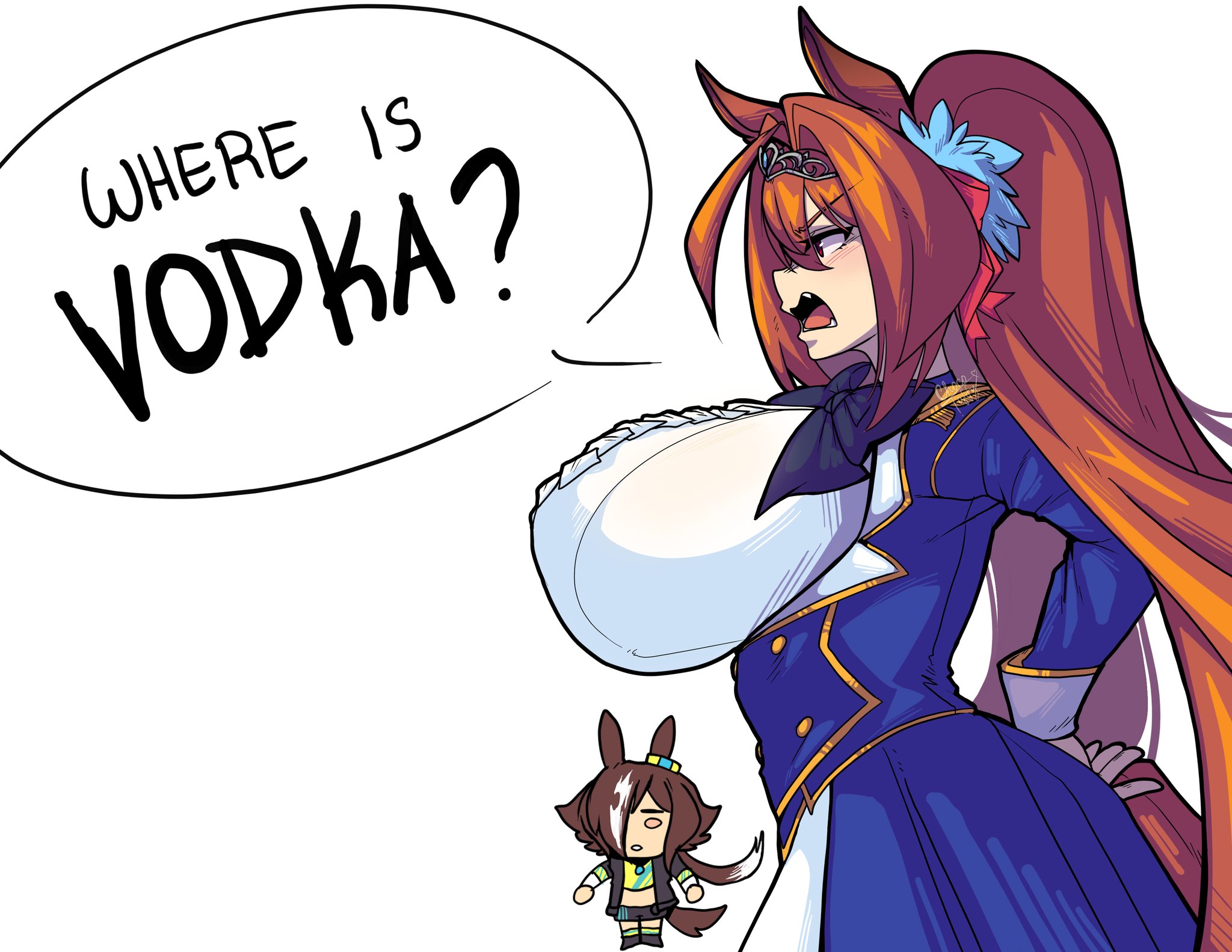 2girls, alternate breast size (larger), animal ears, big breasts, bigger female, breast focus, breasts, breasts focus, brown eyes, brown hair, busty, chibi, chocotoffy, clothed, clothed female, commentary, daiwa scarlet (peak blue) (umamusume), daiwa scarlet (umamusume), dress, english commentary, english text, fangs, female, female focus, female only, gloves, hidden under breasts, highres, horse ears, horse girl, horse tail, huge breasts, inconvenient breasts, large breasts, larger female, light skin, light-skinned female, long hair, meme, multiple females, multiple girls, oblivious, sideboob, simple background, size difference, solo focus, tail, taller female, tiara, twintails, umamusume, unaware, under breasts, very long hair, vodka (umamusume), vodka (wild top gear) (umamusume), where is heisenberg, white background