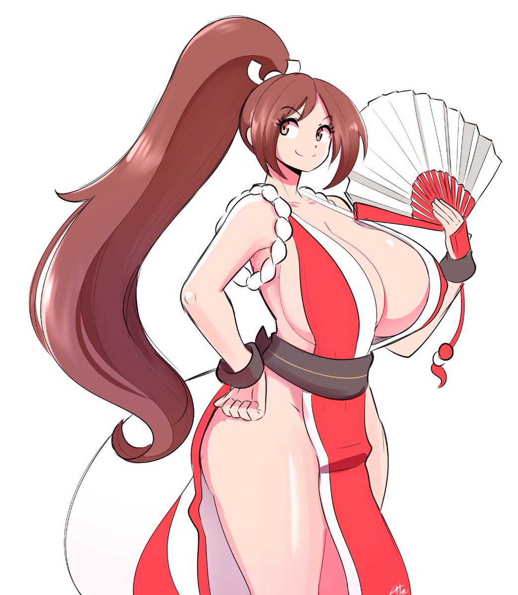 1girls, 2d, barely clothed, big breasts, breasts, brown eyes, brown hair, busty, cake (artisht), cleavage, color, fan, fatal fury, female, female only, folding fan, full color, giant breasts, hand fan, huge breasts, japanese clothes, king of fighters, kunoichi, long hair, mai shiranui, no bra, no panties, no underwear, ponytail, revealing clothes, smile, snk, solo, the king of fighters, theycallhimcake, tied hair