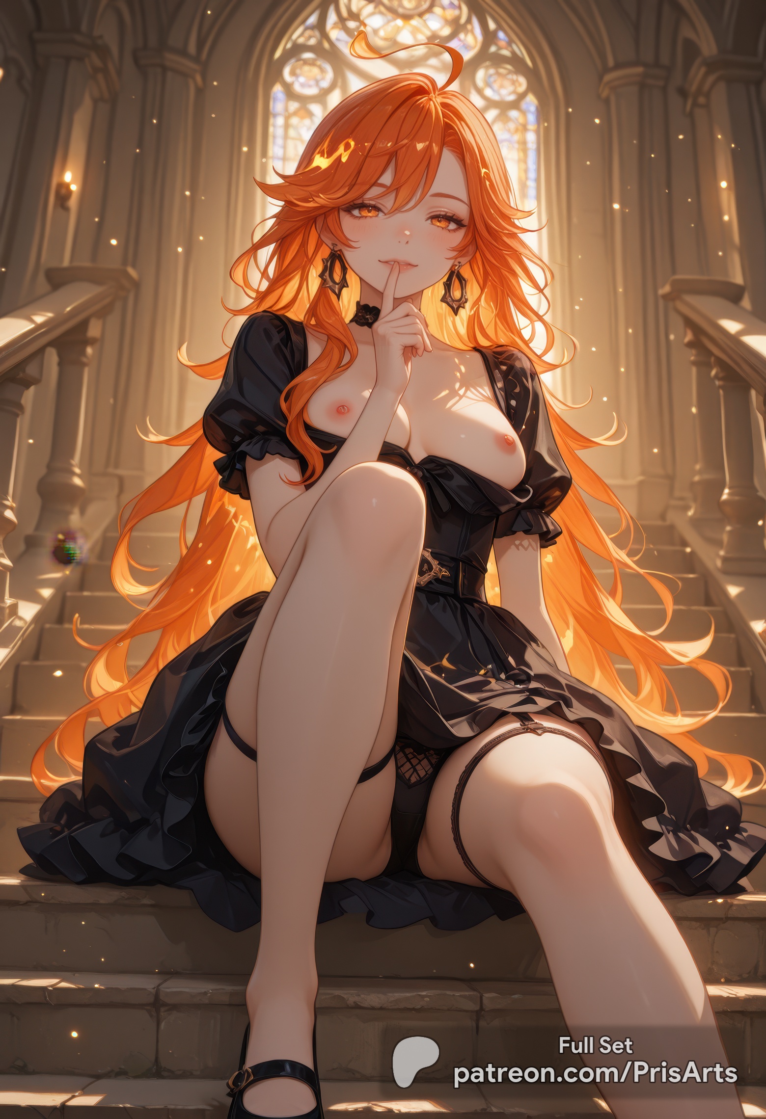 ai generated, clothing, dress, dress lift, female, female only, genshin impact, hoyoverse, lifting clothing, lifting skirt, light skin, light-skinned female, mavuika (genshin impact), mihoyo, panties, pantyshot, prisarts, sitting