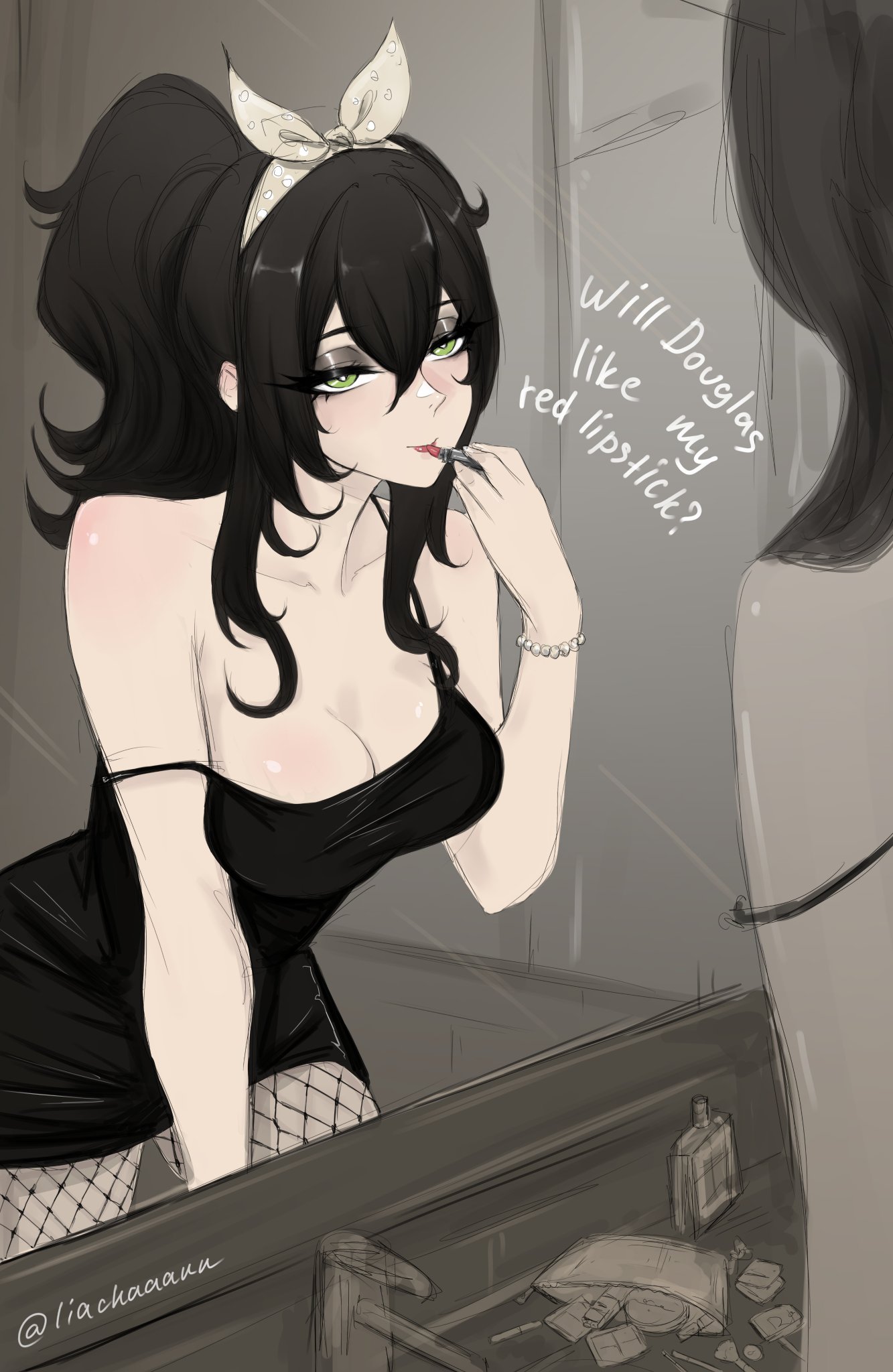 1girls, applying lipstick, applying makeup, bathroom, black dress, black hair, bracelet, breasts, cleavage, dress, eyeshadow, female, female only, fishnet legwear, fishnets, green eyes, lia-chan (liachaaann), lipstick, makeup, mirror, ponytail, red lipstick, renee graves, ribbon, ribbon in hair, spaghetti strap, teenager, text, the coffin of andrew and renee, the coffin of andy and leyley