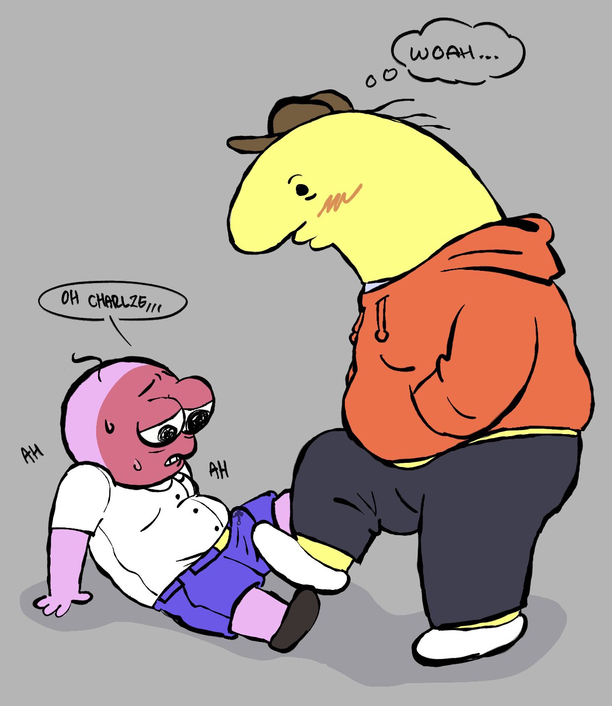 balls, black pants, black sweatpants, blush, blush lines, blushing profusely, bulge, bulge through clothing, cbt, charlie (smiling friends), charlie dompler, clothed, english text, gay, gynecomastia, hat, homunculus, horny, male, male only, moaning, orange coat, penis, pim (smiling friends), pim pimling, pink skin, smiling friends, stomping, stomping on balls, stomping on dick, surprised, surprised expression, sweat, sweating, sweaty, taintedme4t, toony, toony face, white shirt, white shoes, yaoi, yellow skin