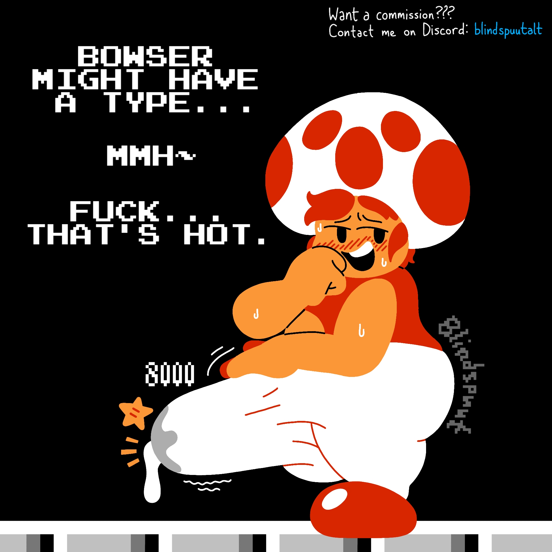 1boy, artist logo, artist name, artist signature, artist upload, big ass, big ass (male), big butt, big penis, blindspuut, blush, bulge, bulge through clothing, bulge under clothes, cum, erection, erection under clothes, femboy, gay, leaking, leaking penis, leaking precum, male, male only, mario (series), nes toad (mario), nintendo, penis, rubbing, rubbing penis, self fondle, self upload, semen, shortstack, solo, solo femboy, solo male, speaking, speech, super mario bros., throbbing penis, toad (mario)