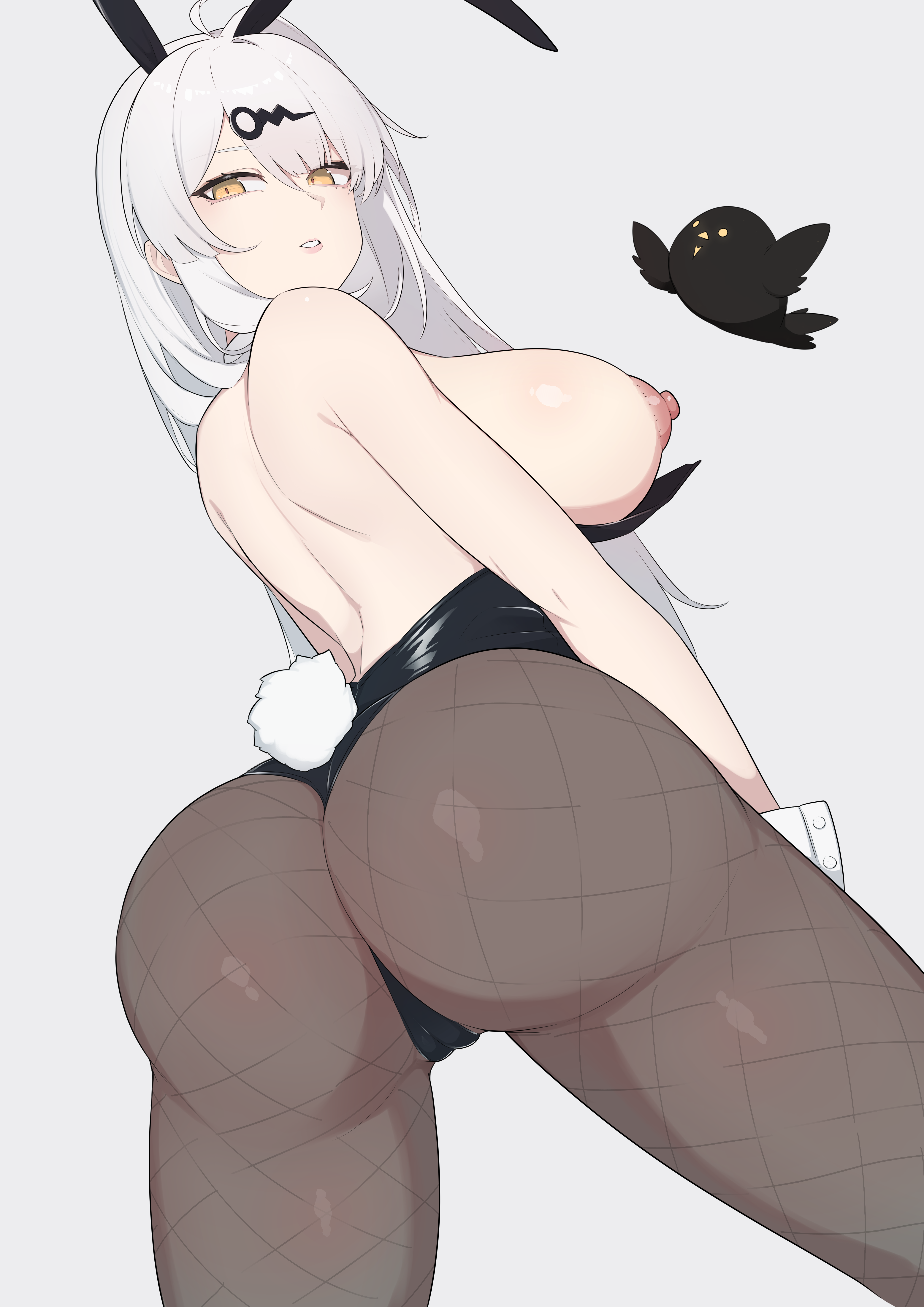 absurdres, alternate costume, animal ears, ass, backless swimsuit, black leotard, black pantyhose, breasts, cameltoe, commentary request, fake animal ears, fake tail, female, from behind, grey background, highres, large breasts, leotard, leotard peel, long hair, looking at viewer, looking back, nipples, pantyhose, parted lips, playboy bunny, rabbit ears, rabbit tail, re:1, re1kirisaki342, simple background, simple bird, solo, strapless, strapless leotard, tail, white hair, white wrist cuffs, wrist cuffs, yellow eyes, yixuan (zenless zone zero), zenless zone zero
