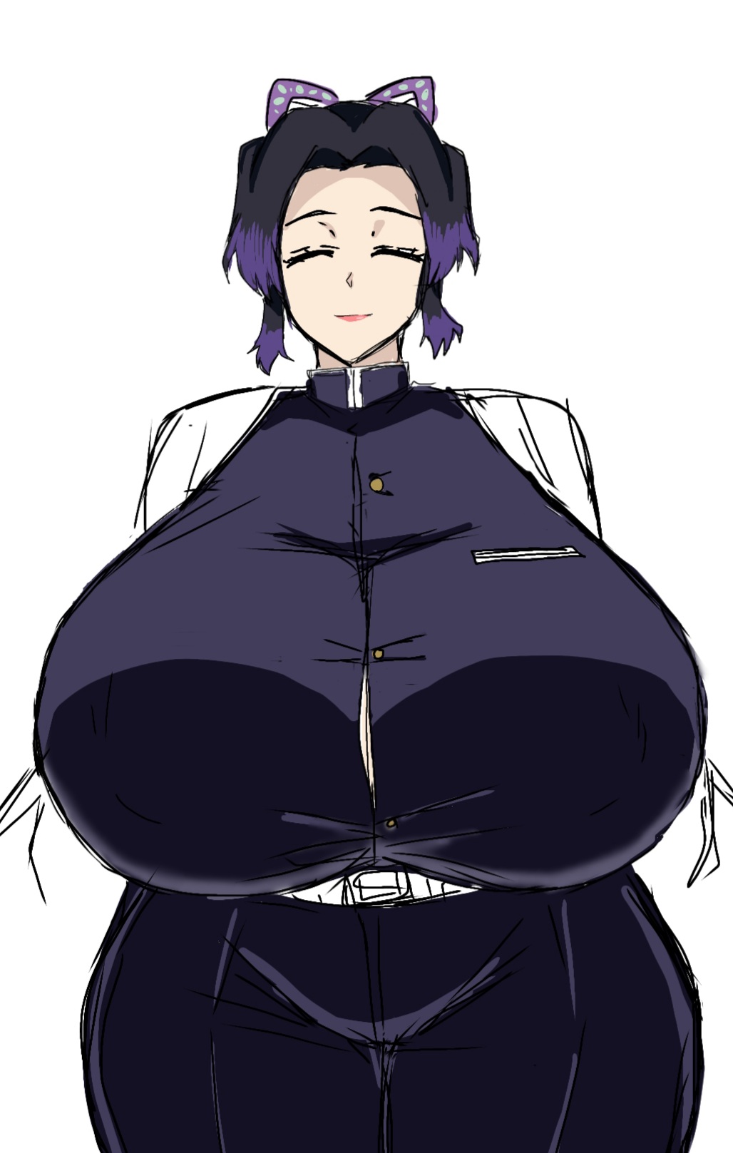 1girls, 2d, 2d (artwork), alternate body type, alternate breast size, big breasts, breasts, breasts bigger than head, busty, busty female, closed eyes, closed eyes smile, curvy, curvy body, curvy female, curvy figure, demon slayer, digital drawing (artwork), digital media (artwork), female, female focus, female only, hips, hips wider than shoulders, huge breasts, japanese, japanese clothes, japanese female, kimetsu no yaiba, kochou shinobu, large breasts, light skin, light-skinned female, mature, mature female, mature woman, momiji (artist), purple hair, purple hair female, short hair, short hair female, simple background, solo, solo female, solo focus, two-tone hair, upper body, white background, wide hips