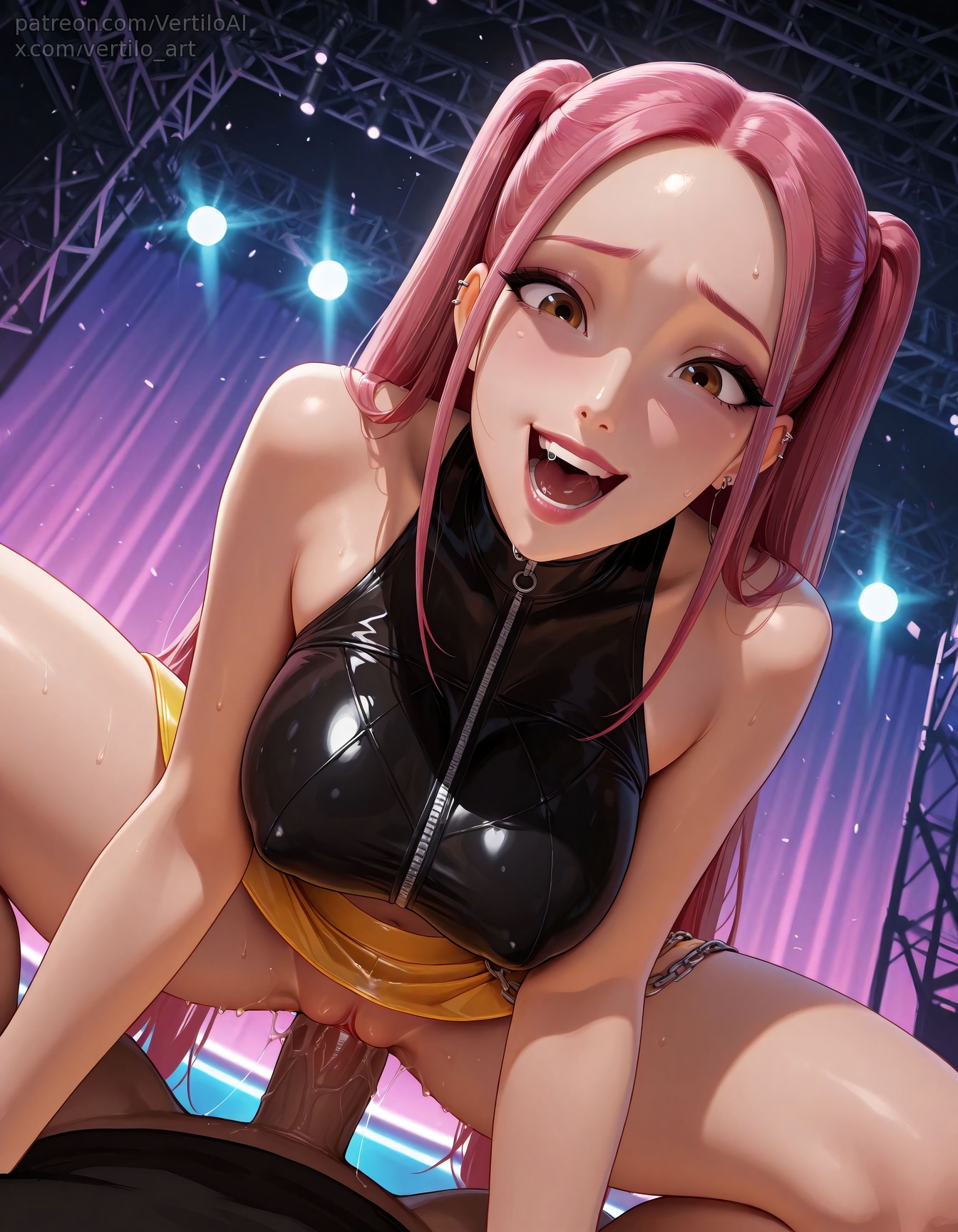 1boy, 1girls, ai generated, breasts, cowgirl position, female, kpop demon hunters, large breasts, large penis, male, mira (kpop demon hunters), open mouth, pencil skirt, penis, pov, pussy, skirt, smile, spread legs, squatting, squatting cowgirl position, stage, stage lights, vaginal penetration, vertiloart