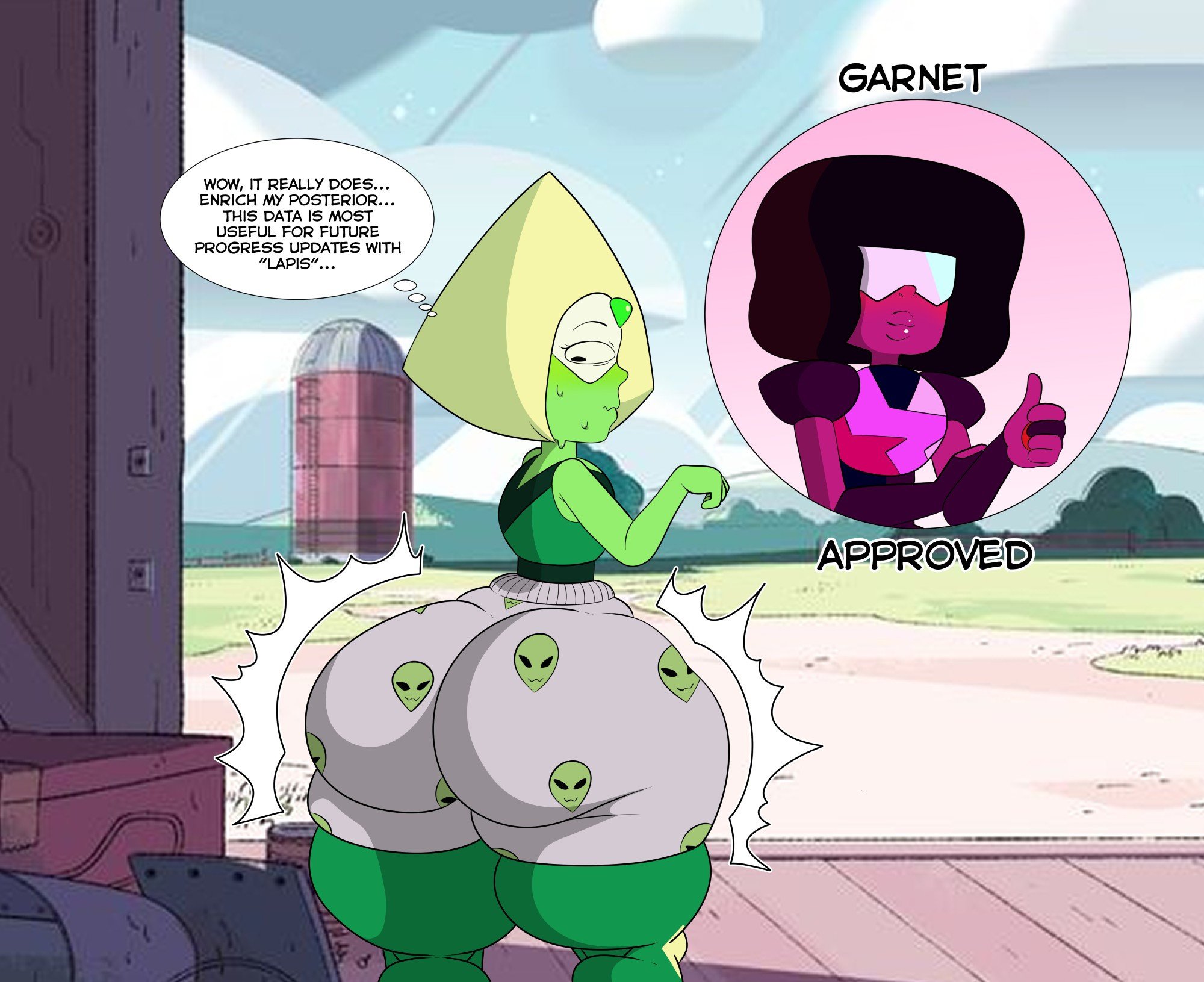 2girls, alien, alien boxers, alien girl, alien underwear, ass, big ass, big butt, boxers, cartoon network, clothing, colored, colored version, dialogue, english text, eyebrows, eyelashes, female, garnet (steven universe), gem, gem (species), gem on forehead, green body, green skin, hips, kira not l, peridot (steven universe), sketch, smirk, steven universe, sweat, text, thought bubble, thumbs up, wide hips