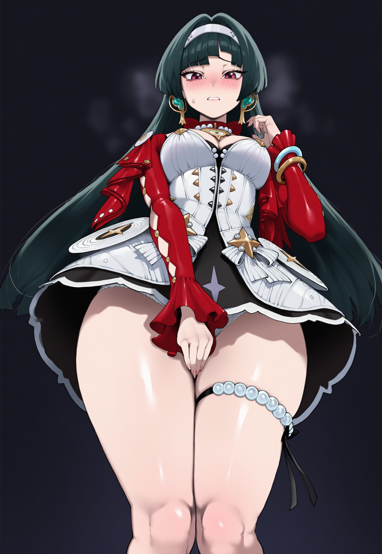 1girls, ai generated, astra yao, breasts, covering crotch, dress, embarrassed, female, female focus, female only, light skin, light-skinned female, looking at viewer, skirt, solo, thick thighs, thighs, truck kun, truck-kun art, wide hips, zenless zone zero
