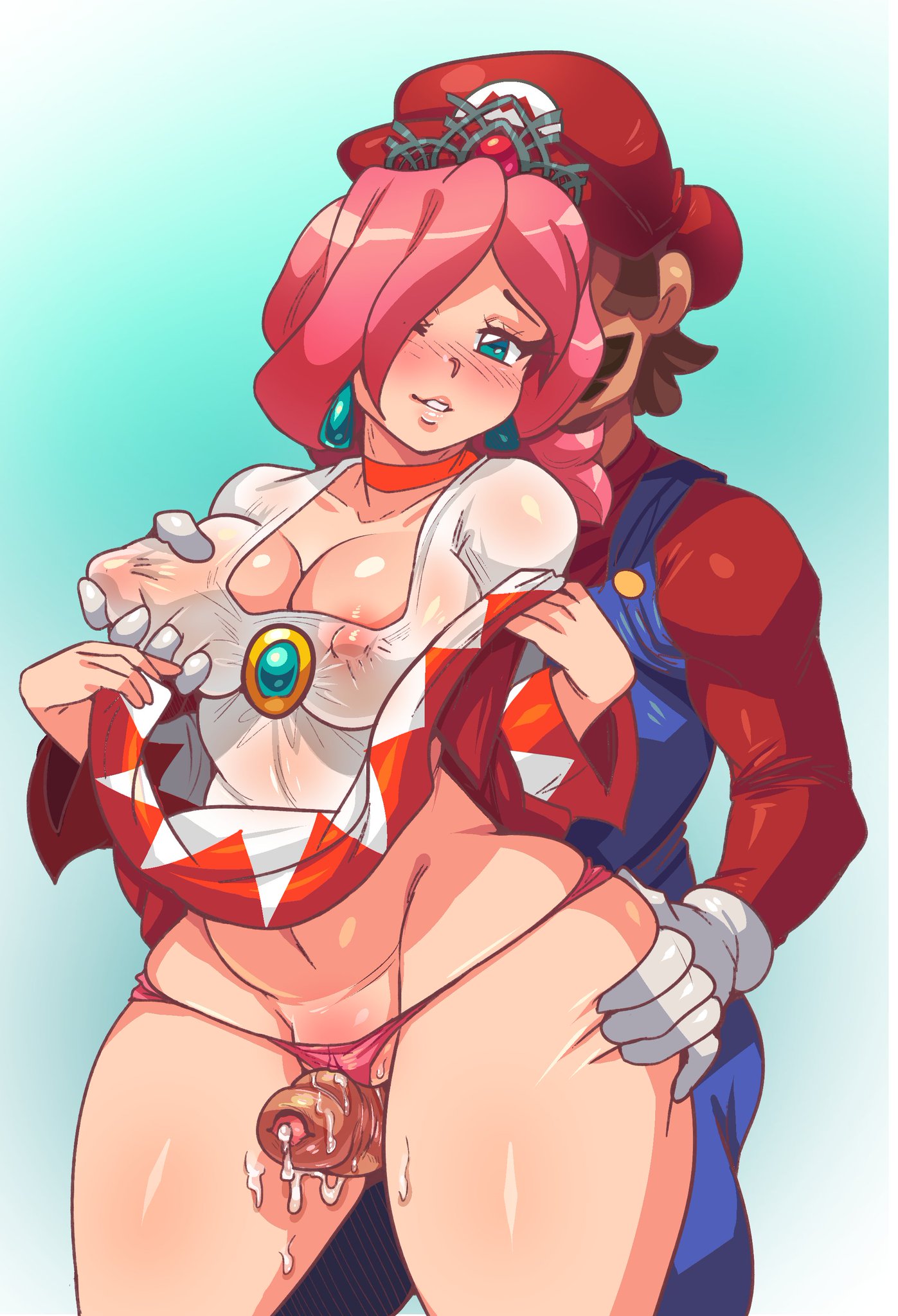 1boy, 1female, 1girls, 1male, 2d, belly bulge, big penis, blue earrings, blue eyes, boy, breast grab, breasts, choker, circumcised, circumcised penis, clothing, color, crown, cum, drcockula, drooling, duo, earings, earrings, facial hair, female, foreskin, from behind, gloves, grabbing, grabbing from behind, grope, groping, groping ass, groping breasts, groping from behind, hand on ass, hand on breast, hat, hi res, horny female, large penis, long gloves, long hair, male, mario, mario (series), mario hoops 3 on 3, muscular, muscular male, mustache, nintendo, nipples, open eyes, open mouth, penis, pink hair, pink haired female, pink panties, simple background, square enix, standing, straight, super mario bros., thick thighs, thigh sex, tiara, uncircumcised, white clothing, white gloves, white mage, white mage (mario)