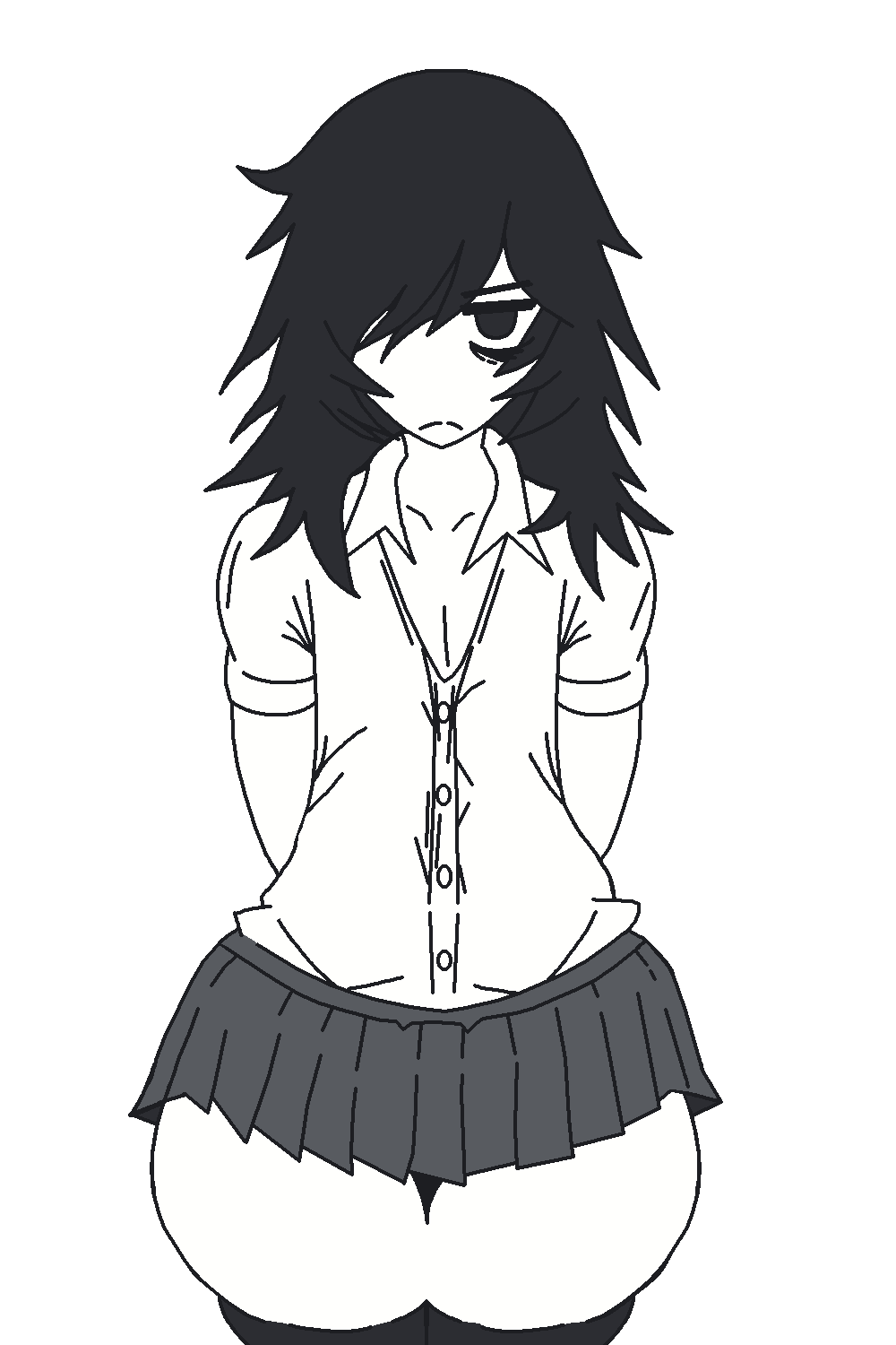 1girls, annoyed, annoyed expression, big ass, female, kuroki tomoko, long hair, looking at viewer, neet, no background, school uniform, schoolgirl, shirt, skirt, stockings, thick thighs, thighs, traced, watashi ga motenai no wa dou kangaetemo omaera ga warui!