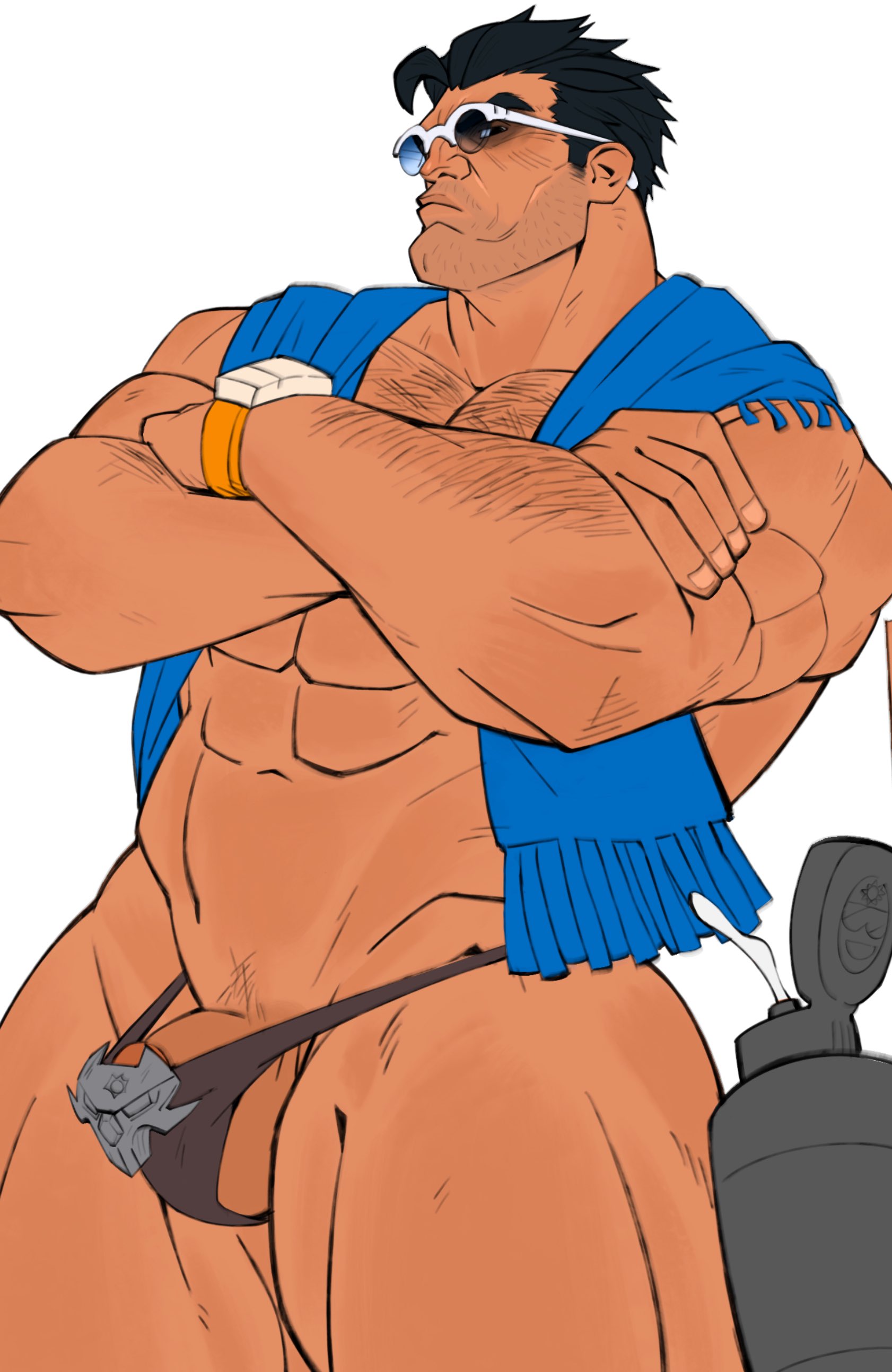1boy, arms crossed, bara, emissionswhite, gay, male, male only, marvel, marvel comics, marvel rivals, muscular, muscular male, penis, penis armor, pubic hair, punisher (aqua arsenal), punisher (francis castle), punisher (marvel comics), punisher (marvel rivals), small penis, solo, sunglasses, thong, yaoi