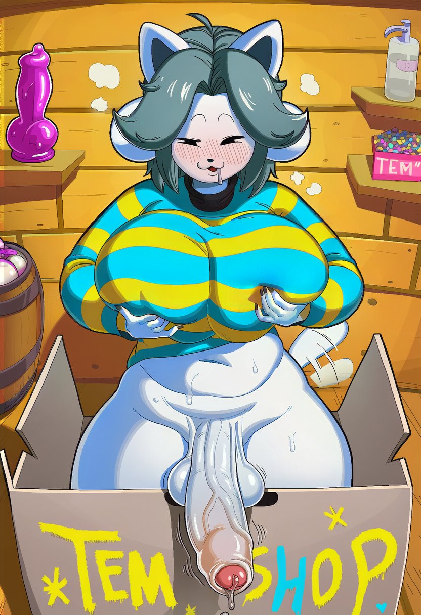 ai assisted, ai generated, balls, breasts, cat ears, cat tail, dildo, drooling, flushed, foreskin, furry, futa only, futanari, groping breasts, intersex, kokenaart, large breasts, large penis, penis, precum, precum drip, solo, striped shirt, temmie, temmie (undertale), uncircumcised, undertale