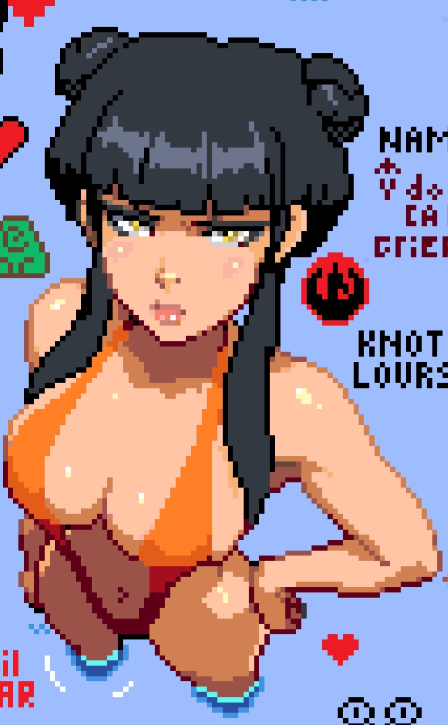 avatar legends, avatar the last airbender, black hair, double bun, hair bun, mai (avatar), one-piece swimsuit, pixel art, pixelated, wplace