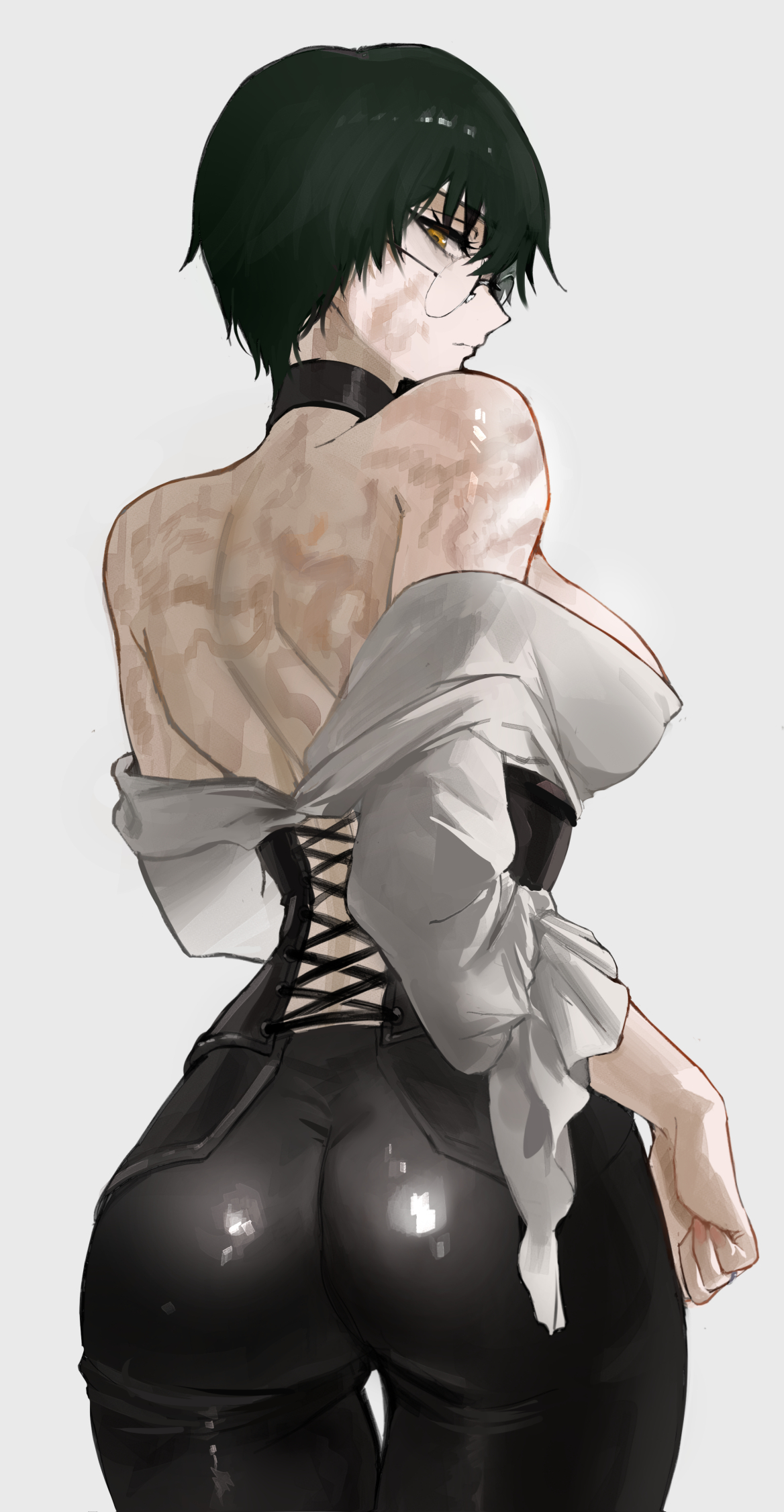 1girls, alternate costume, ass, big ass, black choker, burn scar, choker, female, female only, from behind, glasses, green hair, green-haired female, highres, jujutsu kaisen, multiple scars, muscular, muscular female, off shoulder, round eyewear, scar, scar on back, scar on face, scars all over, solo, tommy (kingdukeee), zenin maki
