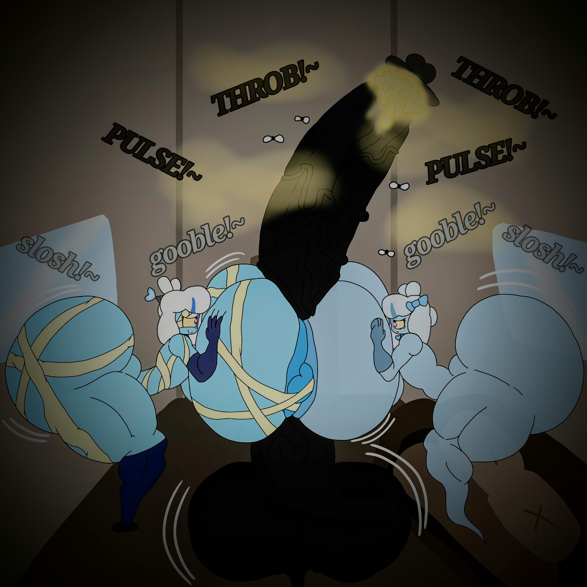 1boy, 2girls, ass bigger than head, balls, barely clothed, big nipples, breasts, breasts bigger than head, condom, curvaceous, dark-skinned male, elgoji, female, ghost girl, halloween costume, heart-shaped pupils, hips wider than shoulders, horny female, huge areolae, huge ass, huge balls, huge breasts, huge cock, huge penis, hyper balls, hyper penis, long corona of glans penis, long penis, lovers, male, meaty butt, miyu (oc), mother, mother and daughter, netorare, oc, orgasm, paizuri, penis, penis between breasts, ribbon, smegma, smelly cock, thick thighs, varix (edit), veiny penis