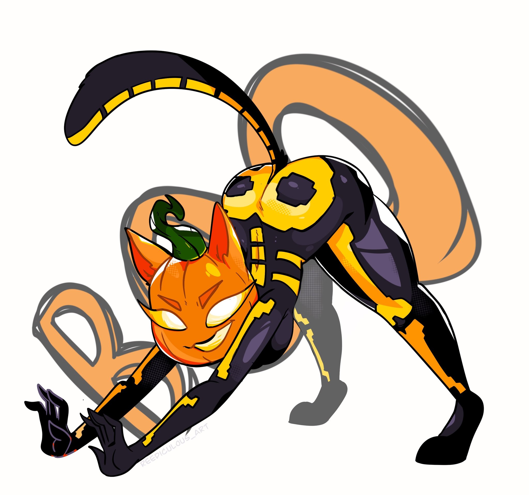 1girls, 2025, anthro, ass, ass focus, ass up, cat ears, cat girl, cat tail, epic games, face down ass up, female, fortnite, fortnite: battle royale, halloween, hi res, holidays, jack-o pose, looking at viewer, pumpkin, pumpkin head, simple background, skeleton, smile, solo, solo female, spice (fortnite), tail, text, thick thighs, thighs, white background