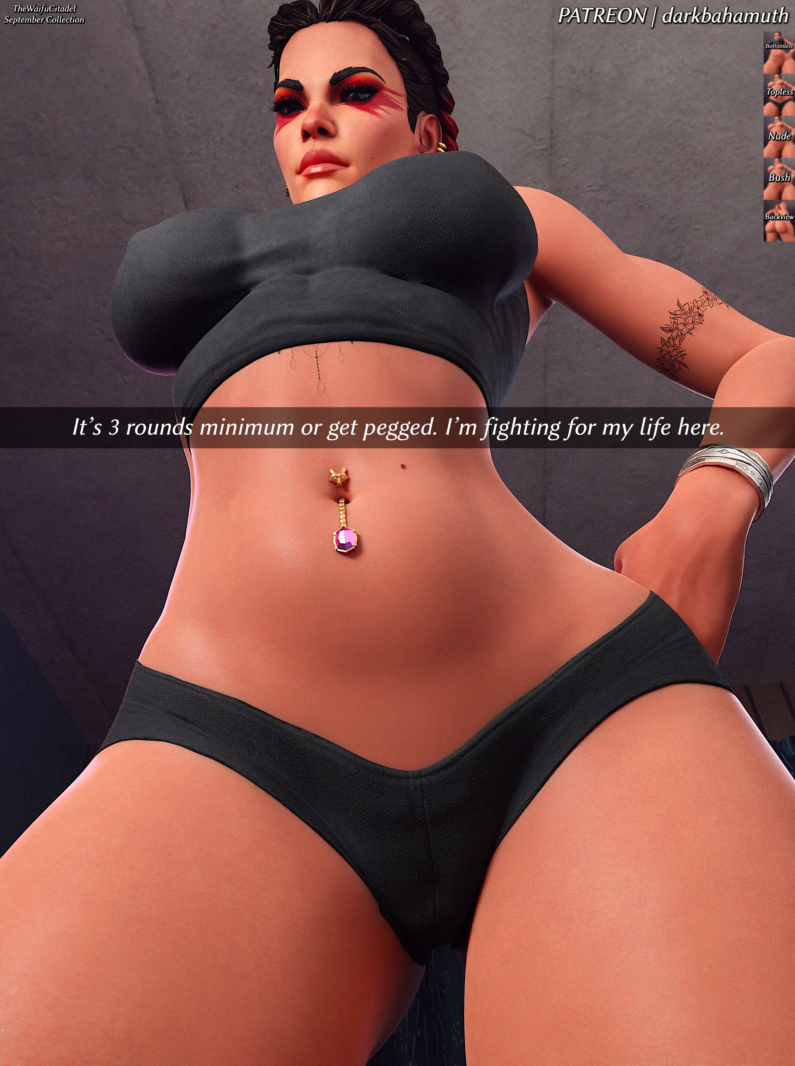 3d, 3d (artwork), apex legends, belly, crop top, darkbahamuth, dommy mommy, female, from below, loba (apex legends), looking at viewer, looking down, midriff, minishorts, panties, pinup