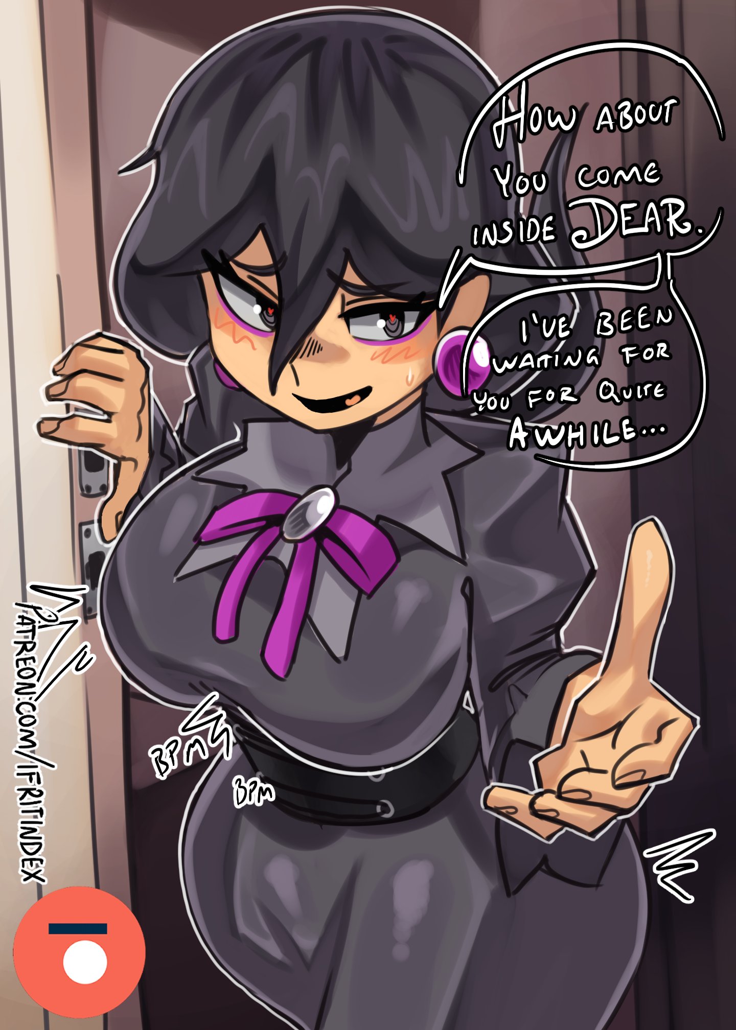 1girls, big breasts, black dress, black eyes, black hair, blush, breasts, clothing, door, dress, ear piercing, earrings, english, english text, female, female focus, female only, game freak, hair, heart-shaped pupils, heartbeat, hex maniac, hex maniac (pokemon legends: z-a), hips, huge breasts, long hair, mature, mature female, mature woman, motion lines, moxydrawsmore, onomatopoeia, pokemon, pokemon legends: z-a, pov, solo, solo focus, speech bubble, talking to viewer, text