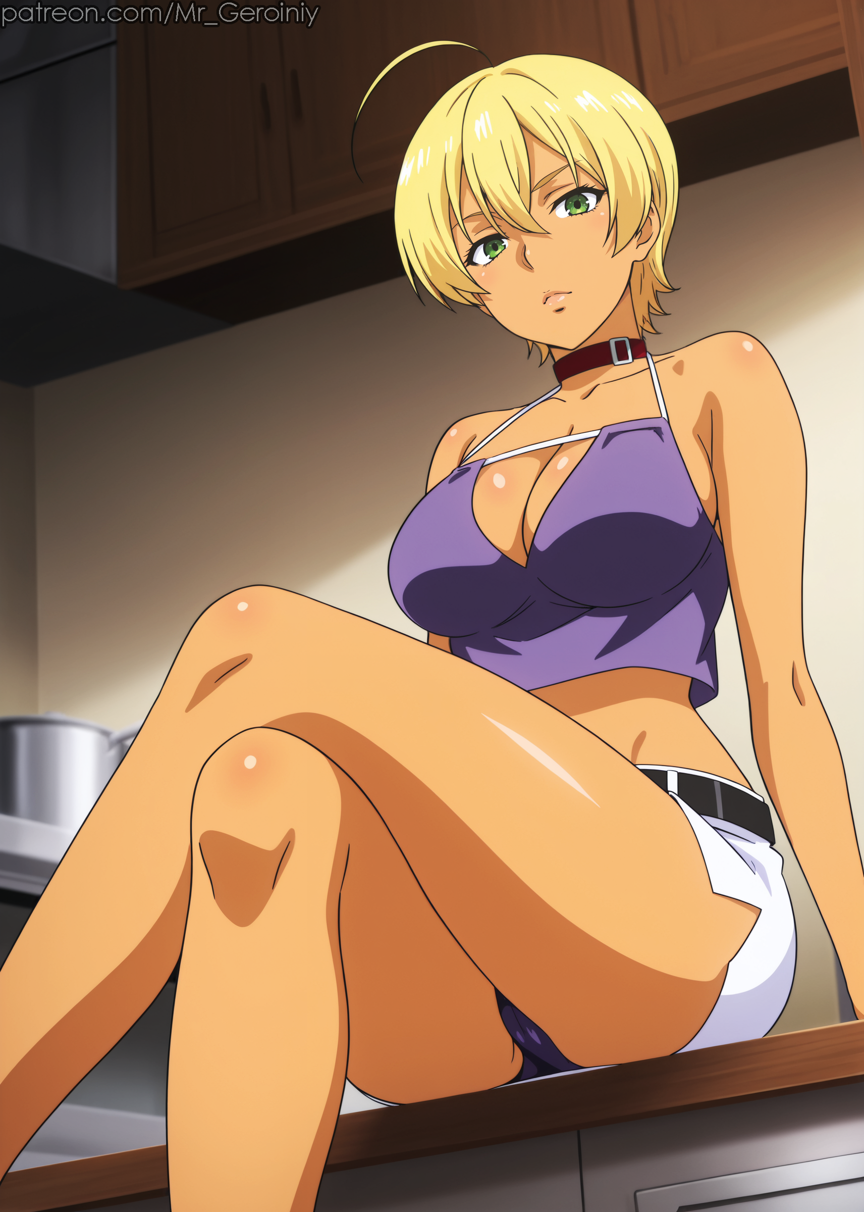  female, ahoge, ai generated, bare shoulders, belt, blonde hair, breasts, cleavage, collar, crossed legs, dark skin, female, green eyes, large breasts, looking at viewer, mito ikumi, mr geroiniy, navel, panties, purple panties, shokugeki no souma, short hair, sitting, skirt, solo, underwear