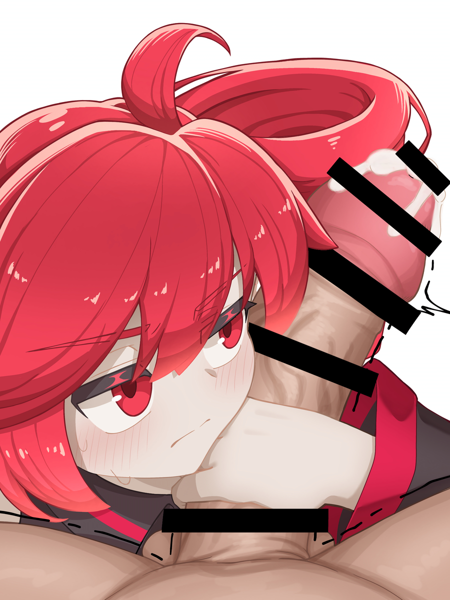 1boy, 1girls, 2d, 2d (artwork), alternate version available, annoyed, annoyed expression, blush, blush lines, censored, censored penis, climax, clothed, clothed female, clothing, cum, cumshot, curved to the right penis, detached sleeves, ejaculation, eye contact, eyelashes, female, fully clothed, handjob, kasane teto, looking at viewer, male, male pov, motion lines, orgasm, outercourse, partial male, penis, penis on face, red eyes, red hair, sex, simple background, straight, sweat, sweating, tremble spikes, trembling, twin drills, utau, wayuwayu, white background