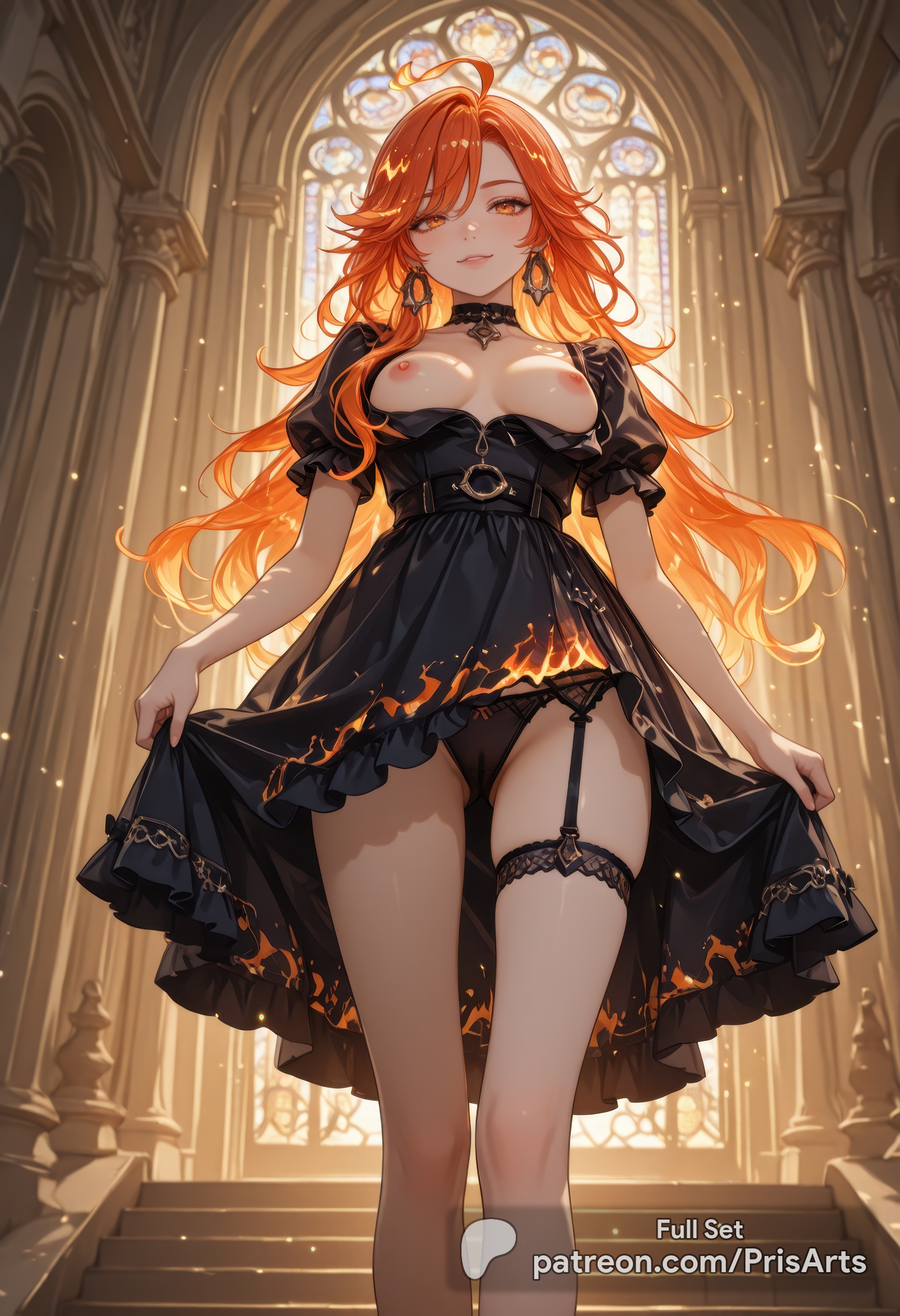 ai generated, clothing, dress, dress lift, female, female only, genshin impact, hoyoverse, lifting clothing, lifting skirt, light skin, light-skinned female, mavuika (genshin impact), mihoyo, panties, pantyshot, prisarts