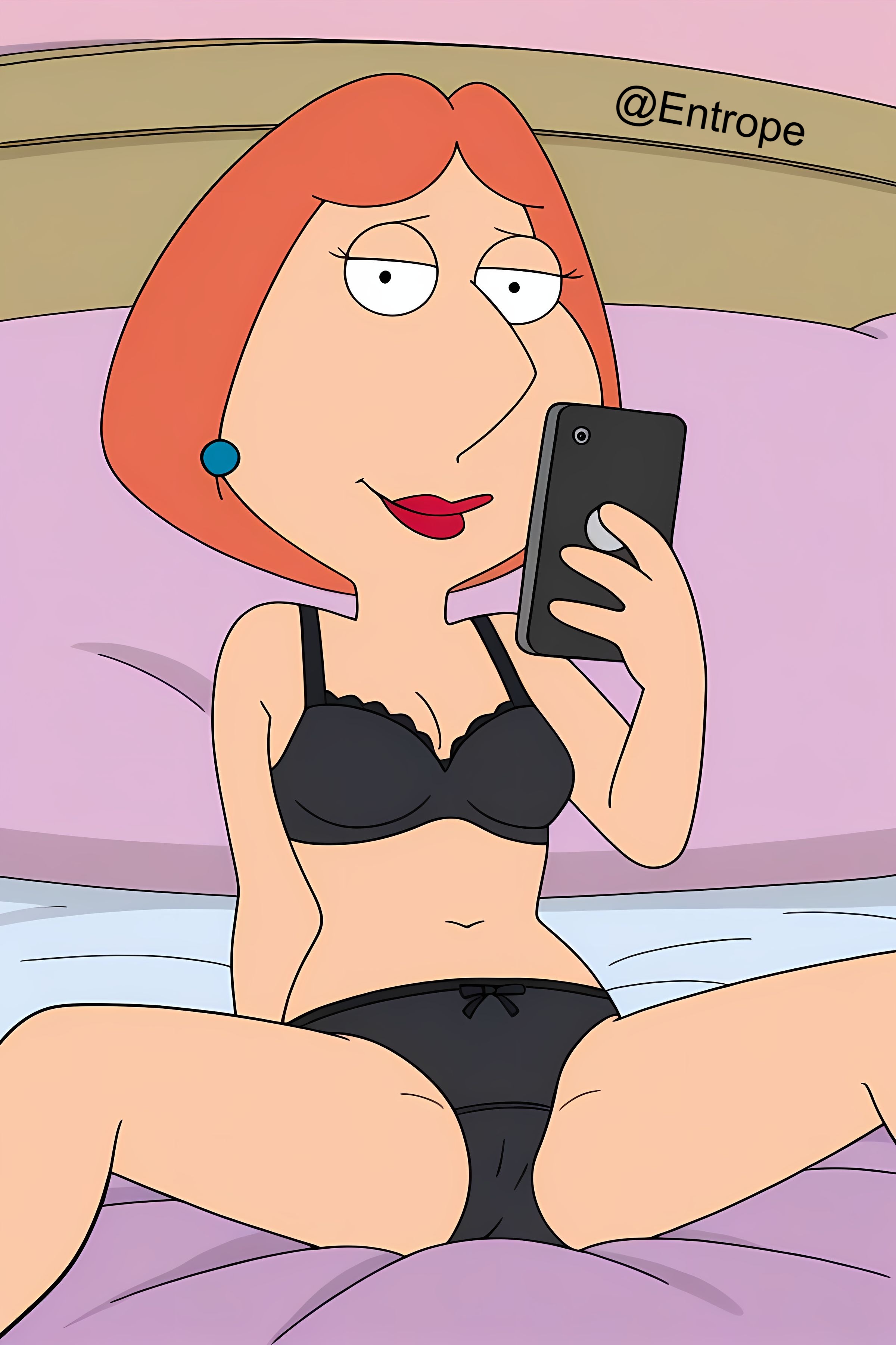 accurate art style, ai generated, bed, bedroom, black bra, black panties, breasts, family guy, female, hot, legs spread, lingerie, lois griffin, red hair, seductive, seductive look, selfie, selfie pose, sexy, small breasts, solo female