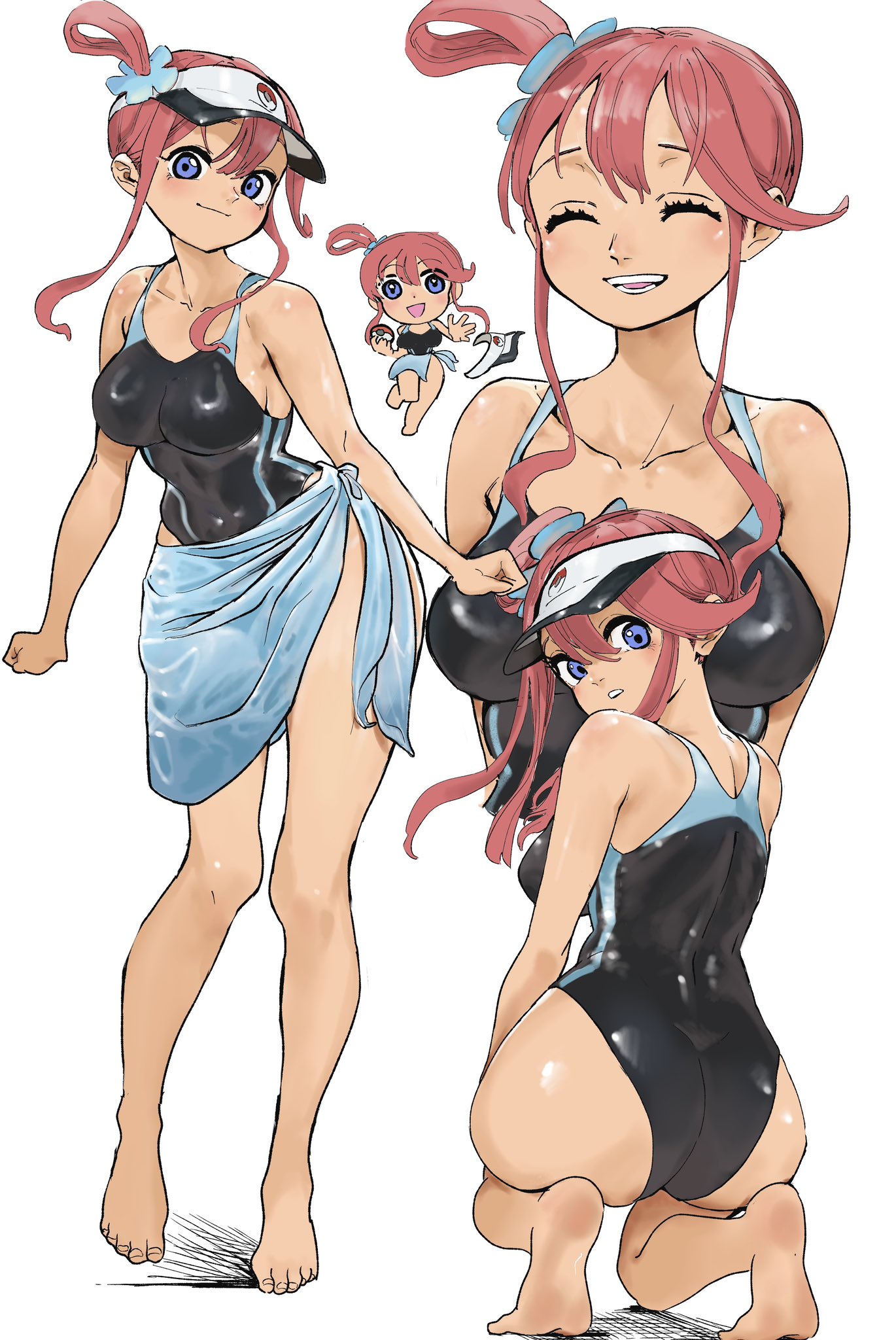 1girls, ass, bare shoulders, black one-piece swimsuit, blue eyes, blue sarong, blush, breasts, closed eyes, closed mouth, collarbone, competition swimsuit, covered navel, female, female only, game freak, hair ornament, highres, large breasts, long hair, looking at viewer, navel, nintendo, one-piece swimsuit, open mouth, pokemon, pokemon bw, red hair, sarong, short hair with long locks, sidelocks, simple background, skyla (pokemon), smile, solo, sukoyaka tsukasa, swimsuit, visor cap, white background