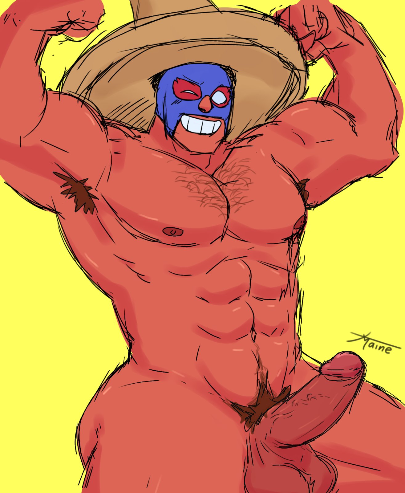 abs, armpit, balls, bara, brawl stars, el primo (brawl stars), erect penis, erection, gay, hairy armpits, latino male, male, male only, muscular, muscular male, navel hair, nipple piercing, pecs, pectorals, penis, pubes, pubic hair, sombrero, xmaineks, yaoi