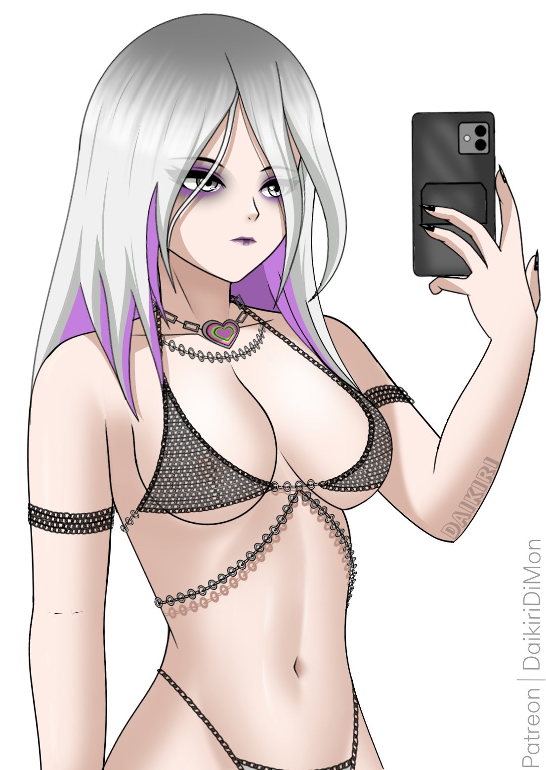 1girls, 2025, 2d, bikini, breasts, cellphone, chainmail bikini, chains, daikiri di mon, dbd, dead by daylight, female, female only, goth, goth girl, light skin, light-skinned female, long hair, multicolored hair, nipples visible through clothing, patreon username, phone, purple hair, purple highlights, sable ward, selfie, tits, two-tone hair, white hair
